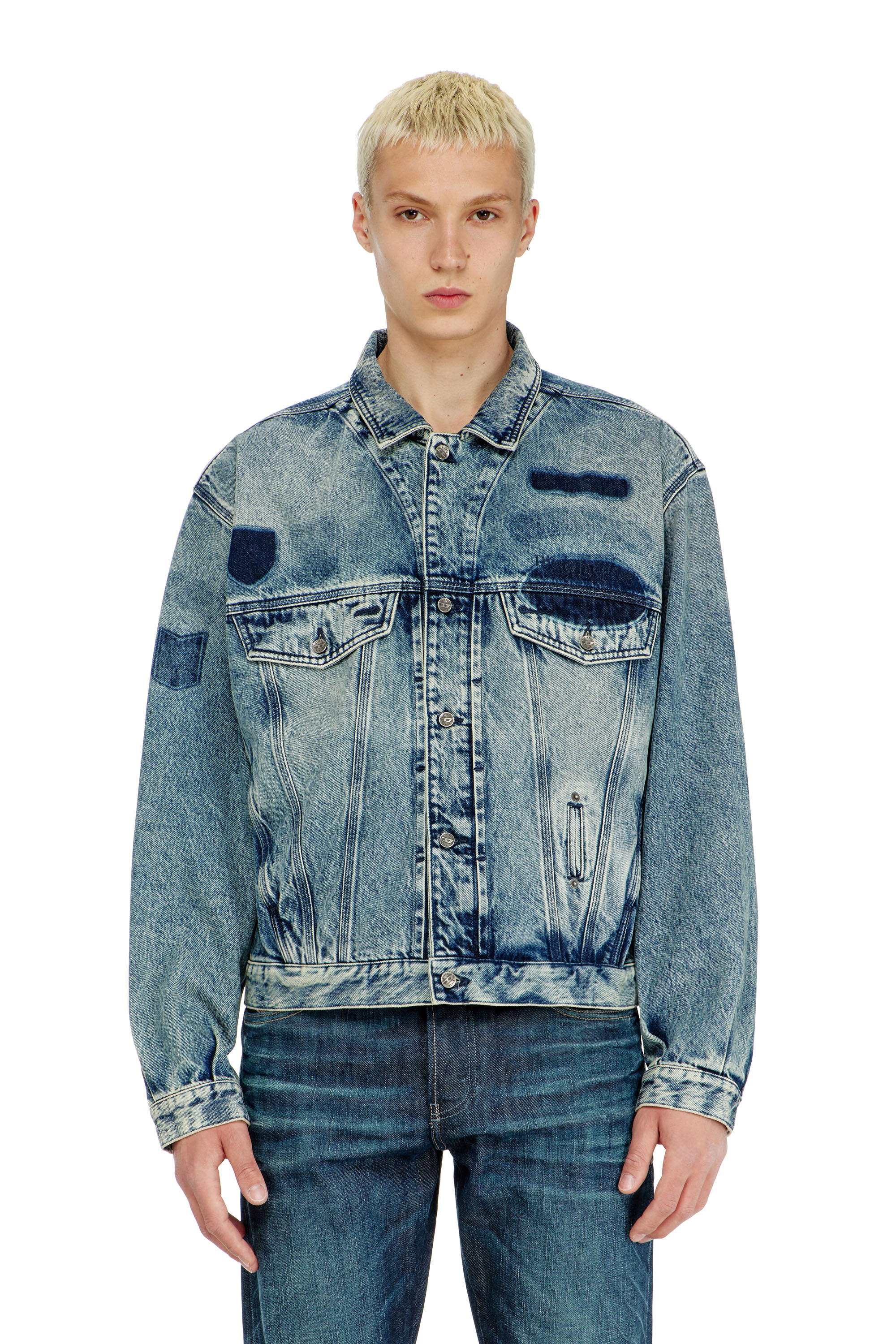 Diesel - D-DENVER-S2, Unisex's Trucker jacket with patch effects in Medium blue - 3