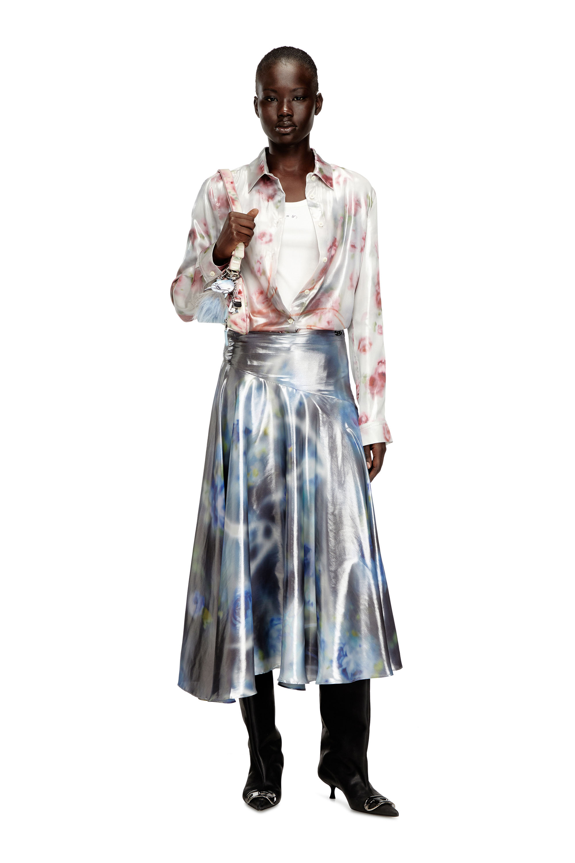 Diesel - C-RONOR-S2, Woman's Metallic shirt with blurred roses print in Pink/White - 2