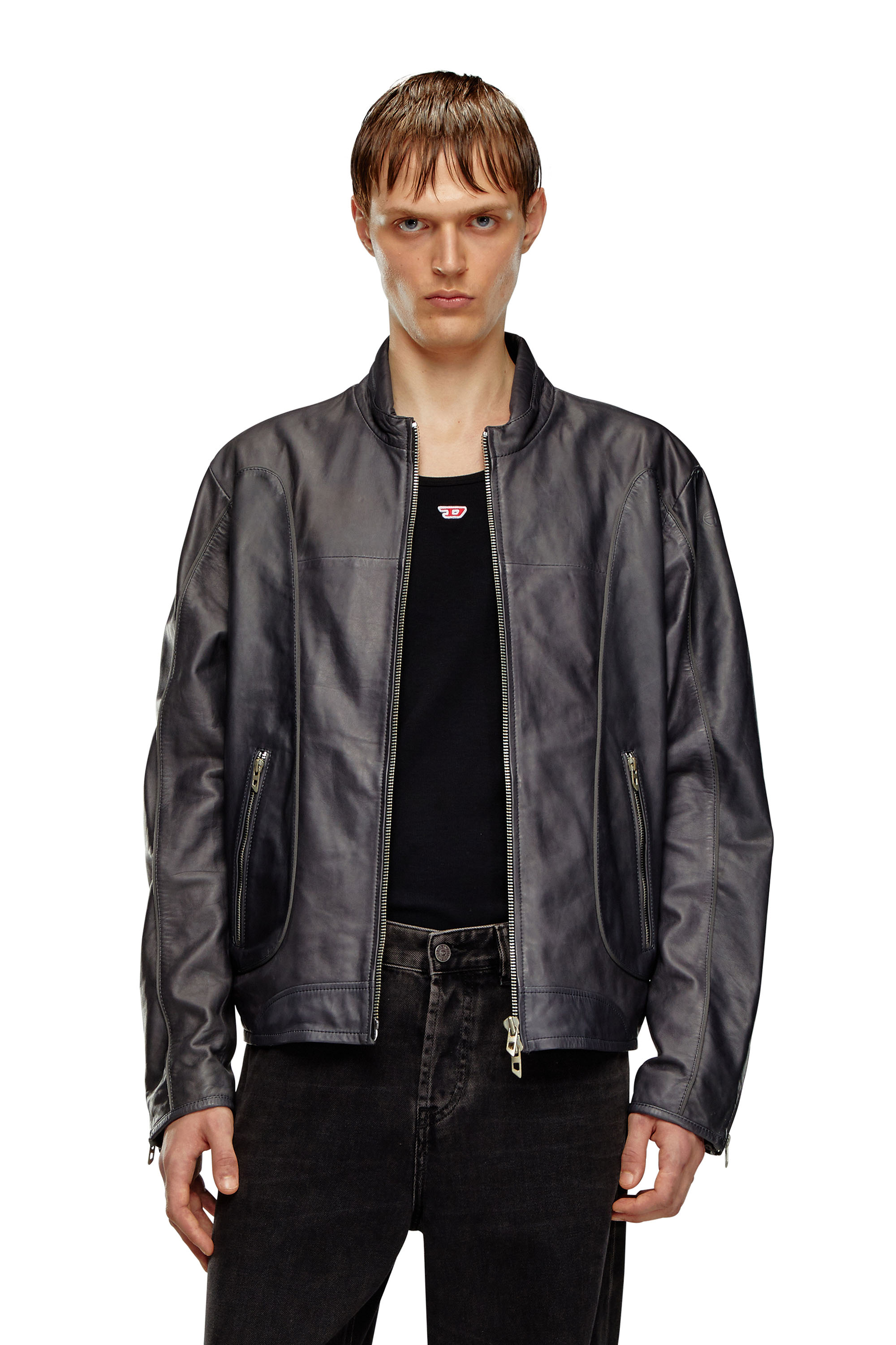 Diesel - L-KRIX, Man Leather biker jacket with piping in Black - Image 1