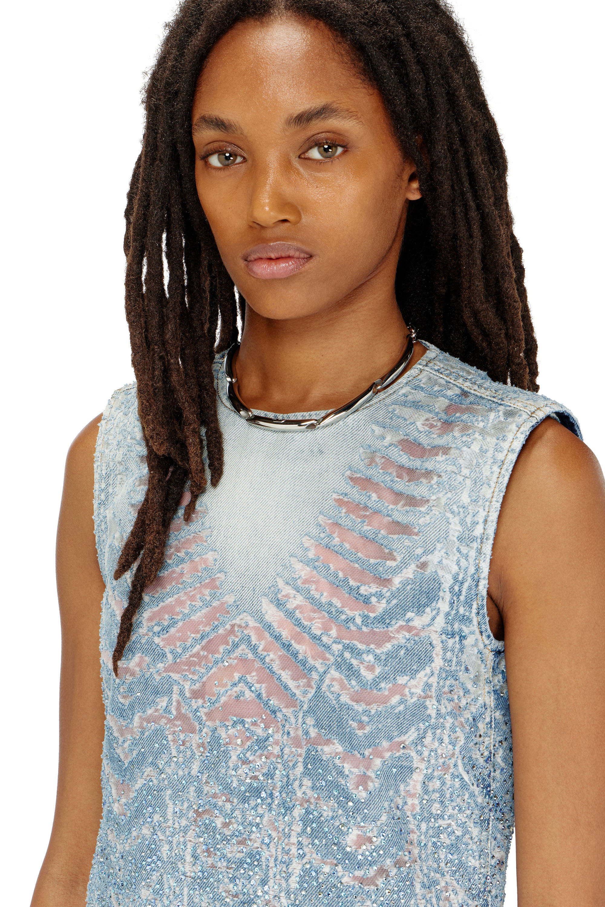 Diesel - DE-MYRELA-S, Woman's Mini dress in microstone devor&eacute; denim in Light Blue - 4