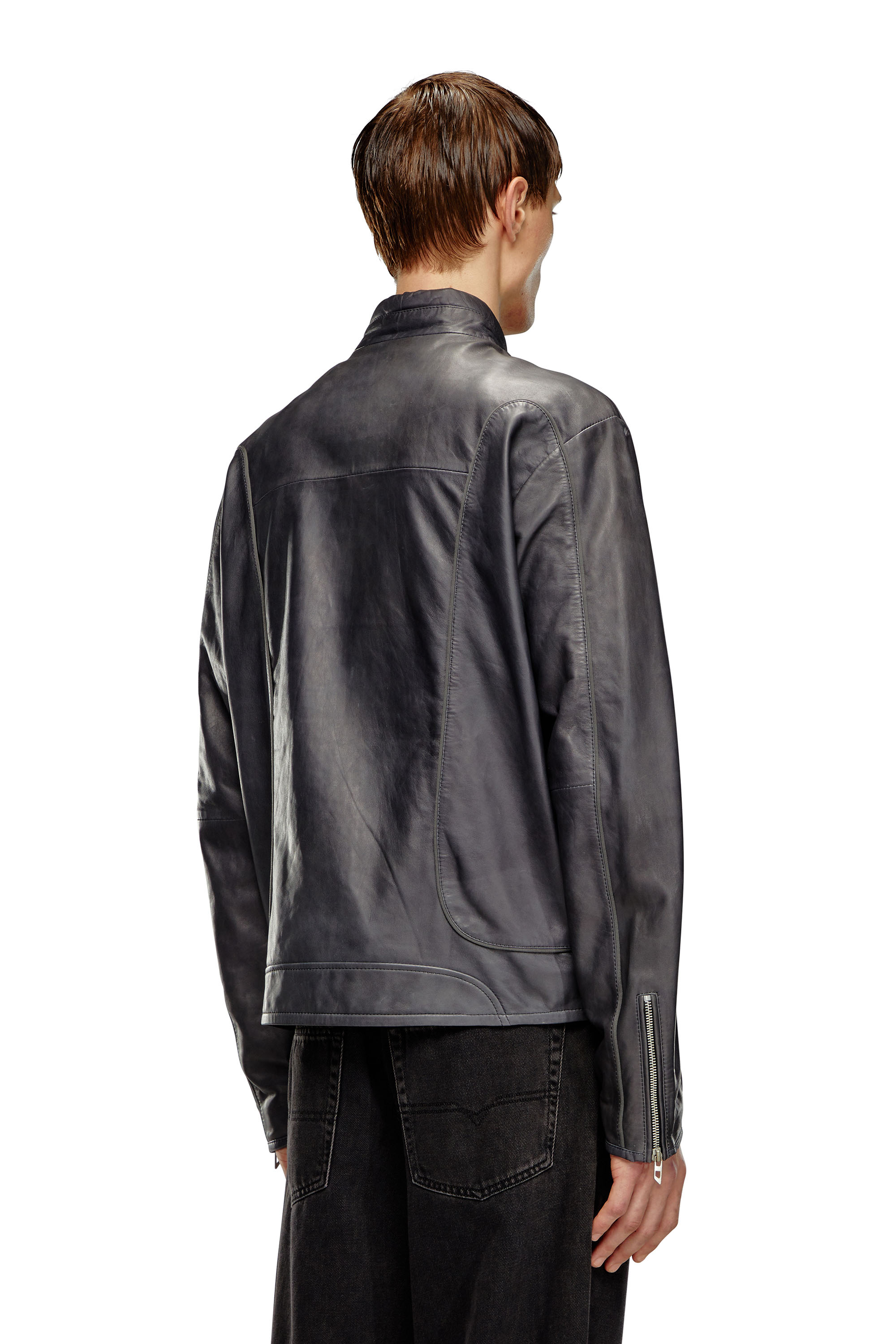 Diesel - L-KRIX, Man Leather biker jacket with piping in Black - Image 4