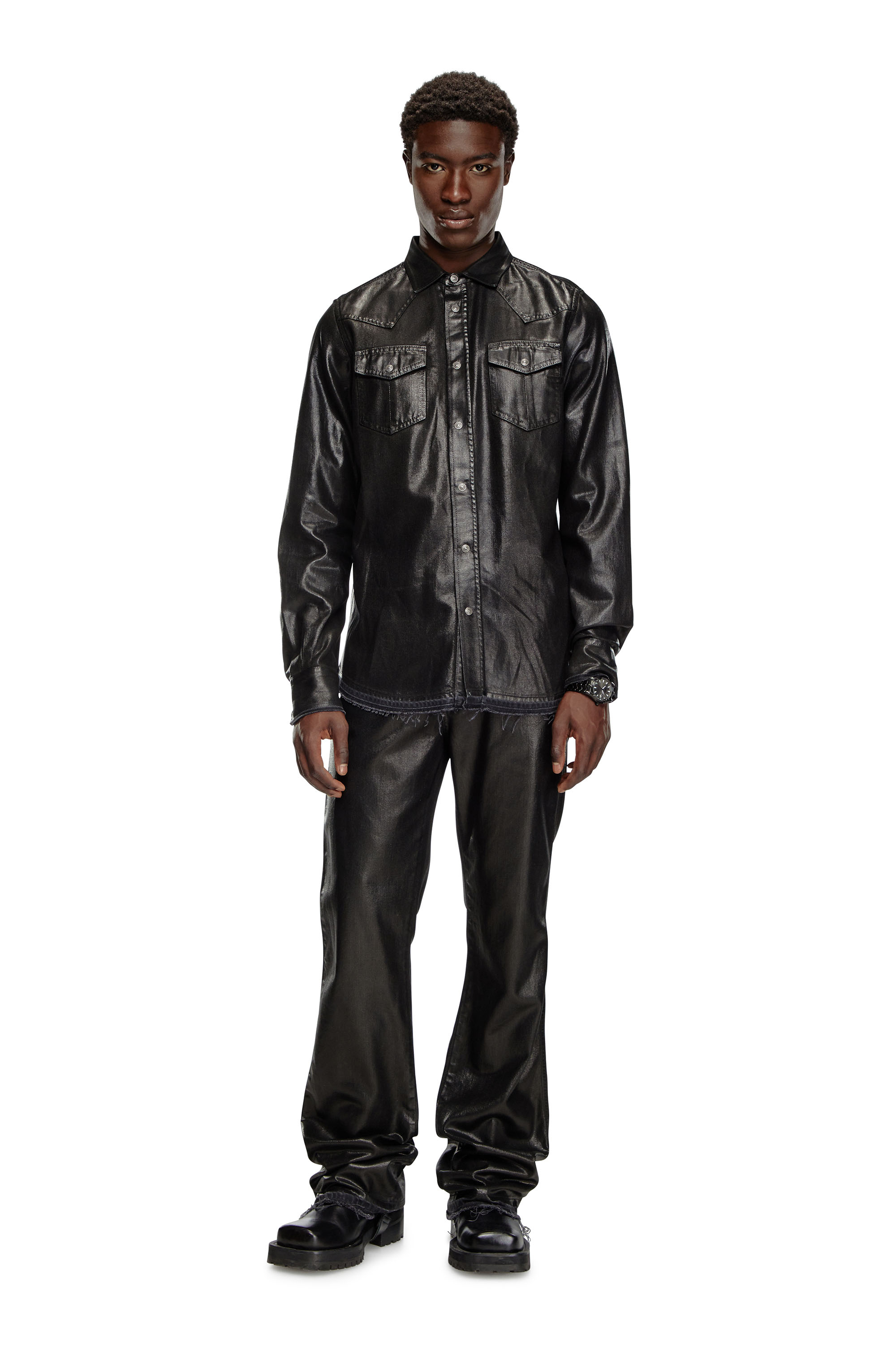 Diesel - D-VEGA, Man's Overshirt in coated tailoring denim in Black - 2