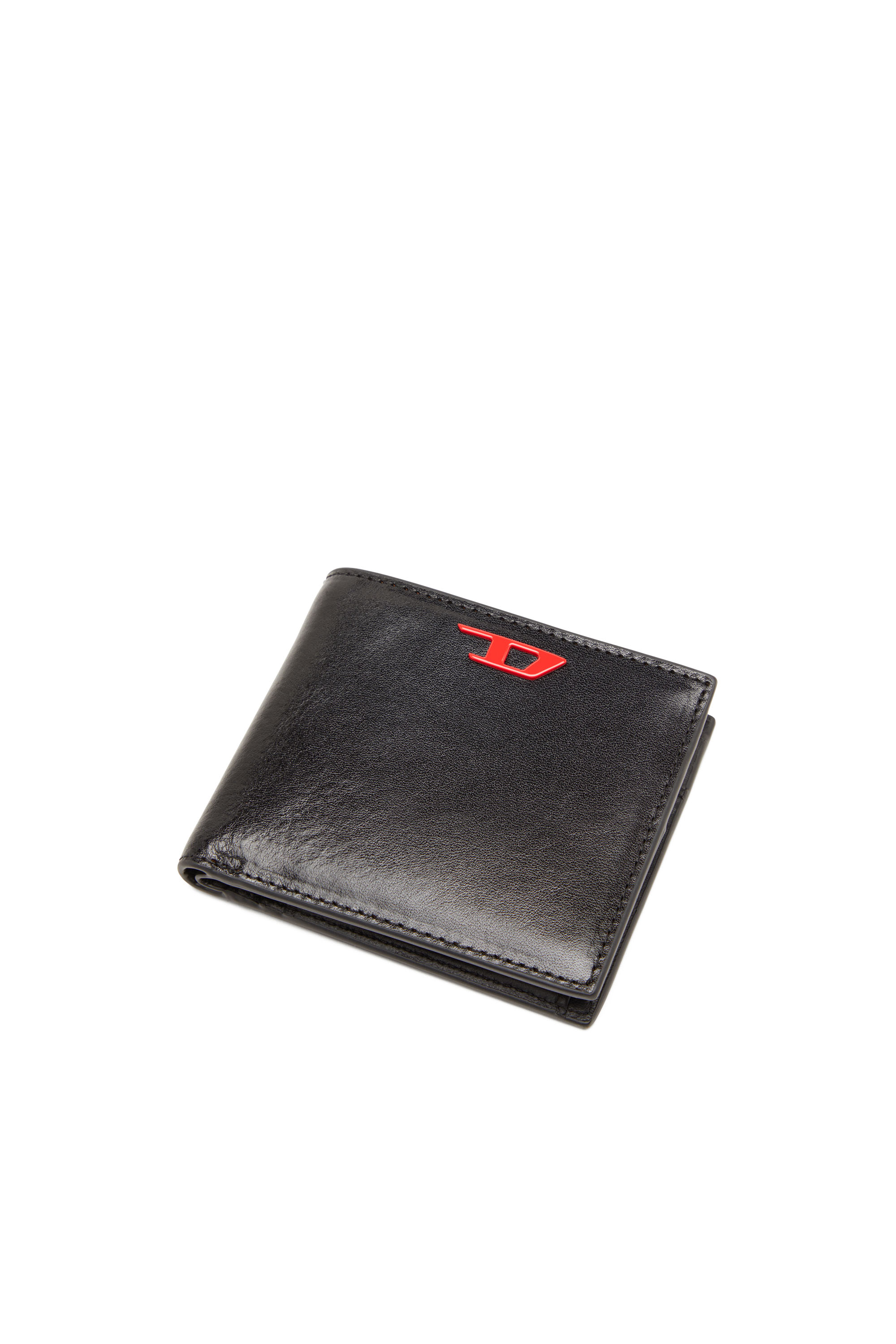 Diesel - RAVE BI-FOLD COIN S, Man Leather bi-fold wallet with red D plaque in Black - Image 4