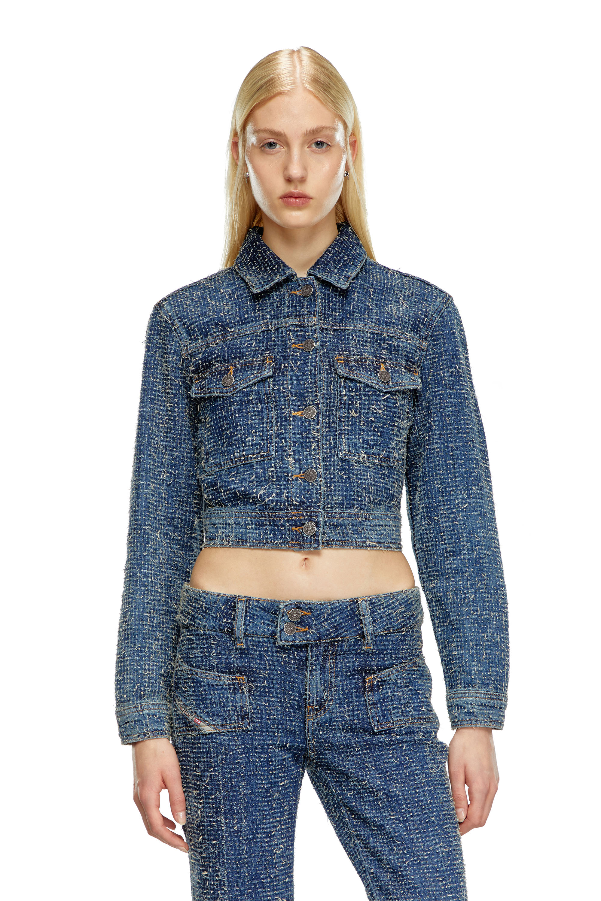 Diesel - DE-ATEL-S, Woman's Cropped jacket in bouclé denim in Medium blue - 6