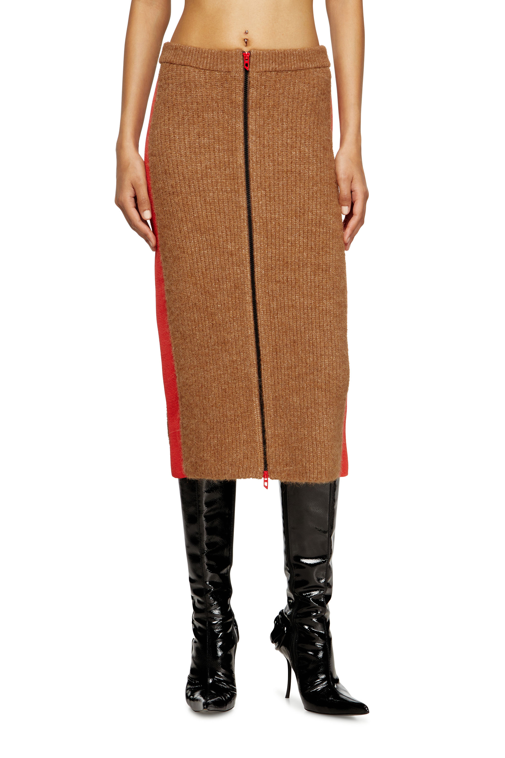 Diesel - M-LOUSI, Woman's Midi skirt in alpaca with front zipper in Brown - 1