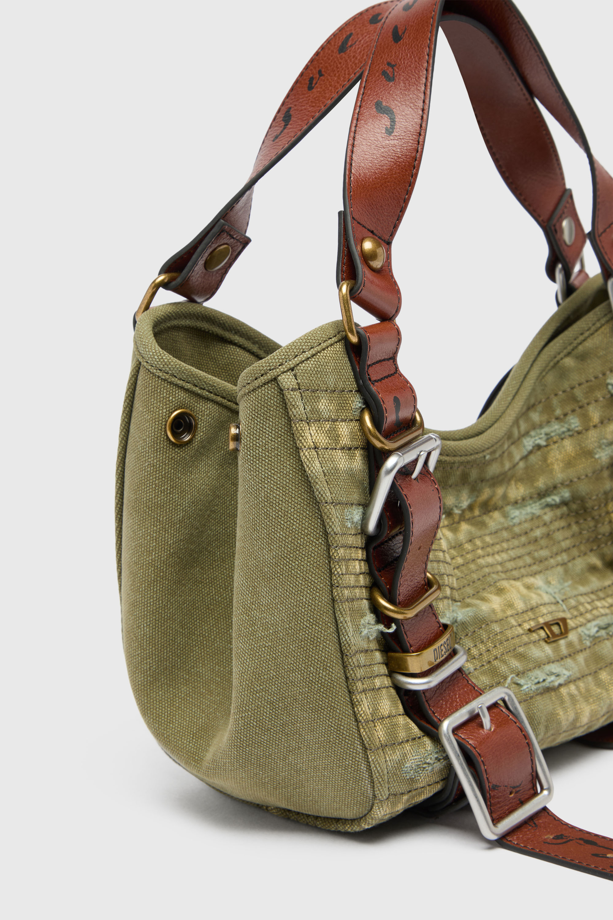 Diesel - D-ONE TOPHANDLE S, Woman's D-One-Small top-handle bag in distressed canvas and leather in Green - 7