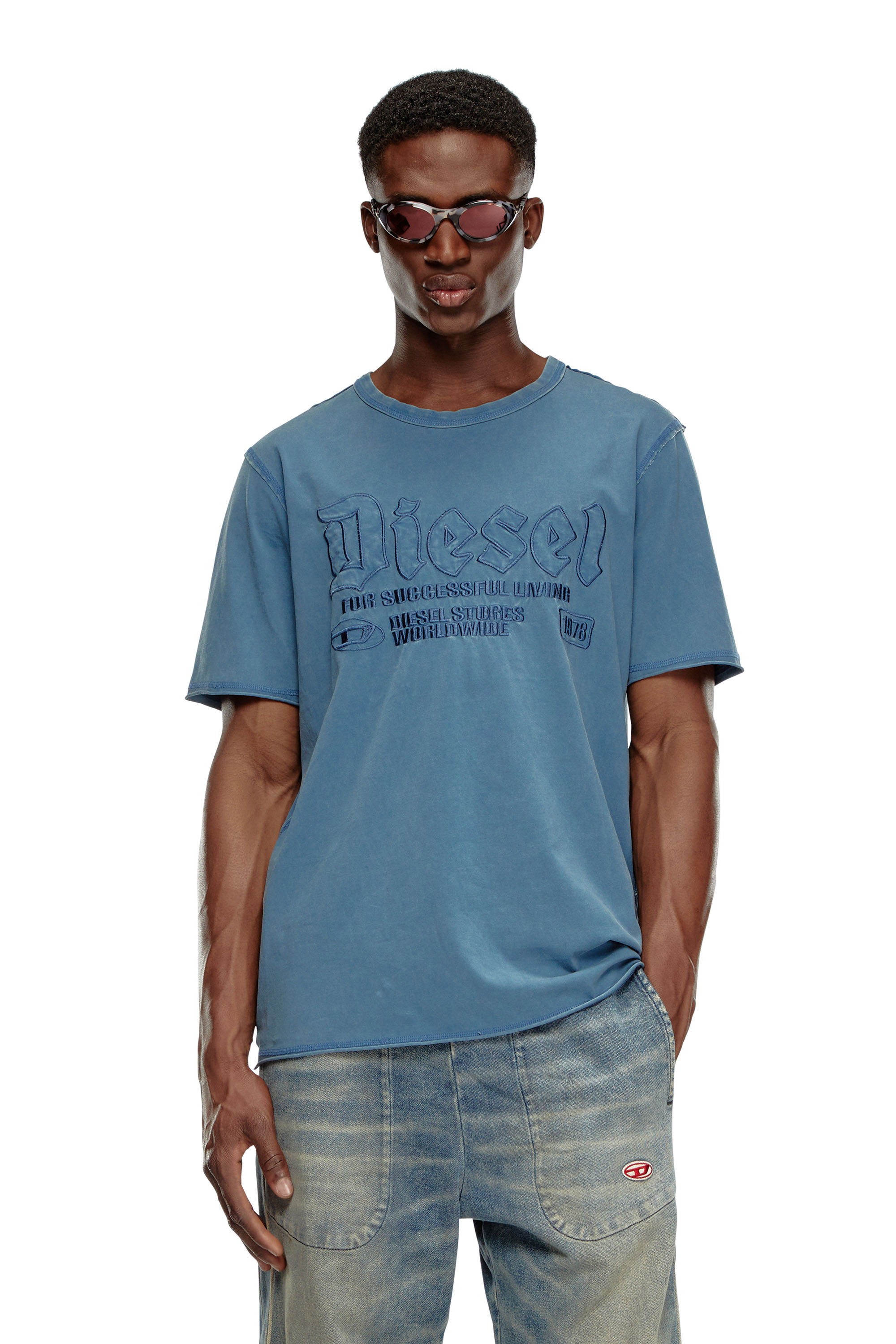 Diesel - T-RAWJUST, Man Faded T-shirt with tonal embroidery in Blue - Image 1