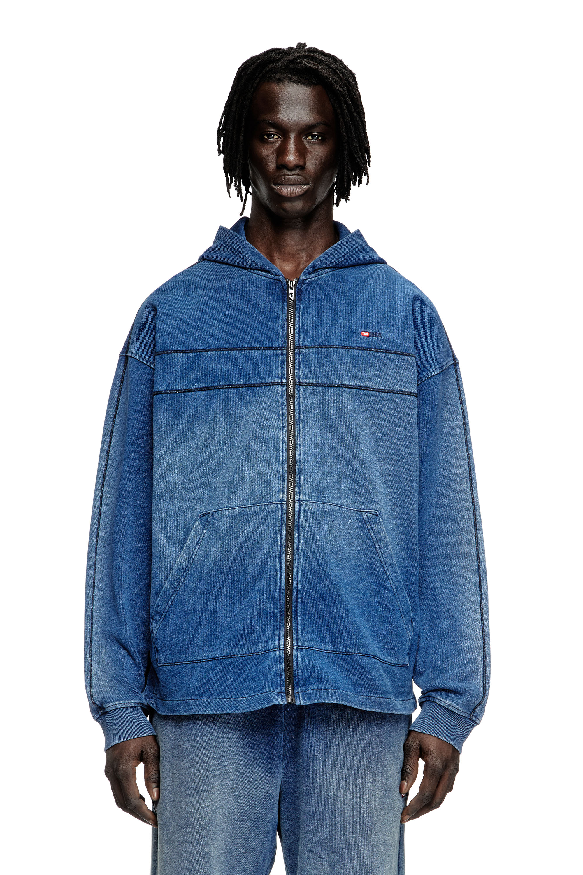 Diesel - S-BLAXT-HOOD-ZIP-NEW, Man's Hoodie in denim-look jersey in Blue - 1