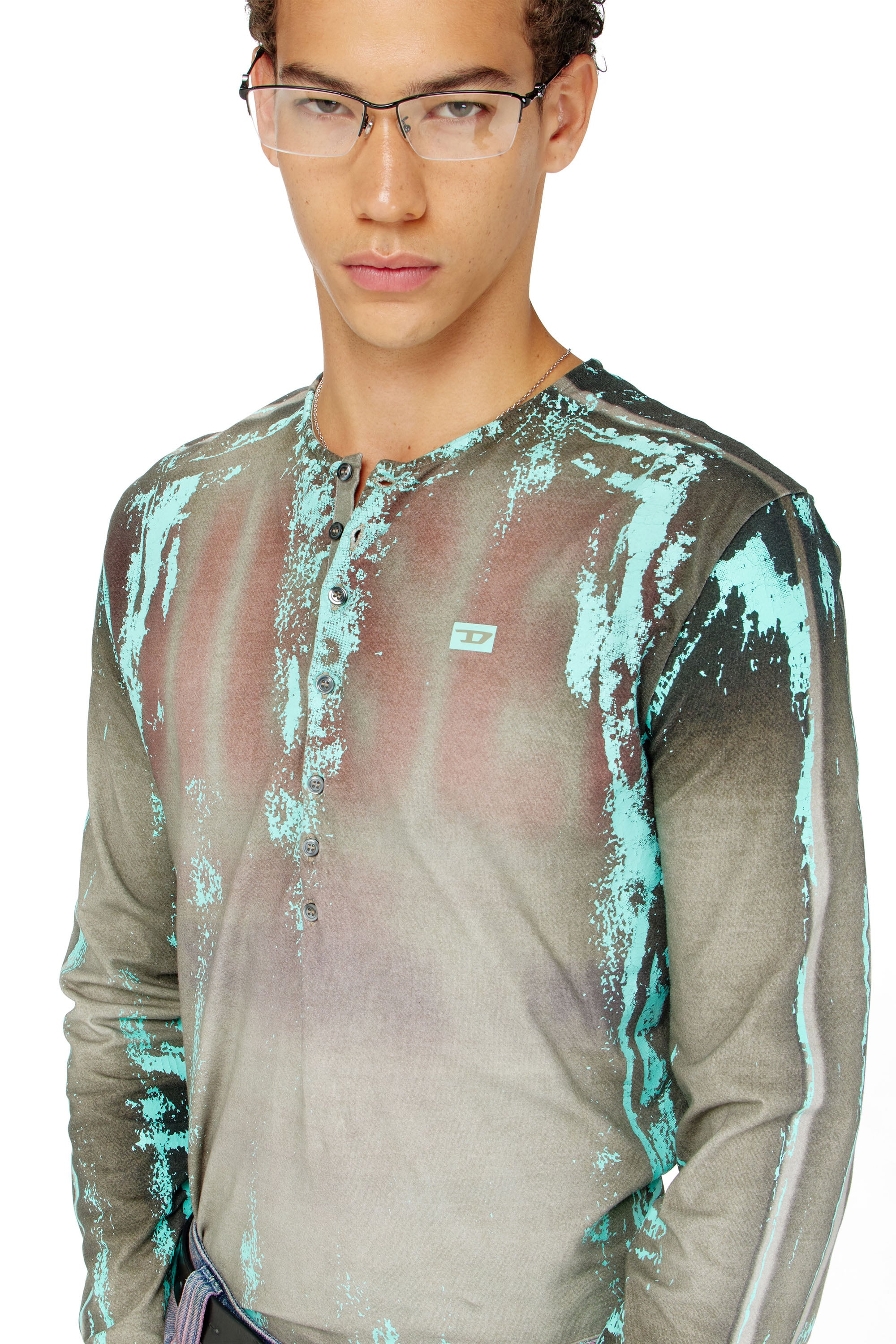 Diesel - T-FYNO-ML, Man's Grandad T-shirt in cracked leather-effect jersey in null - 4