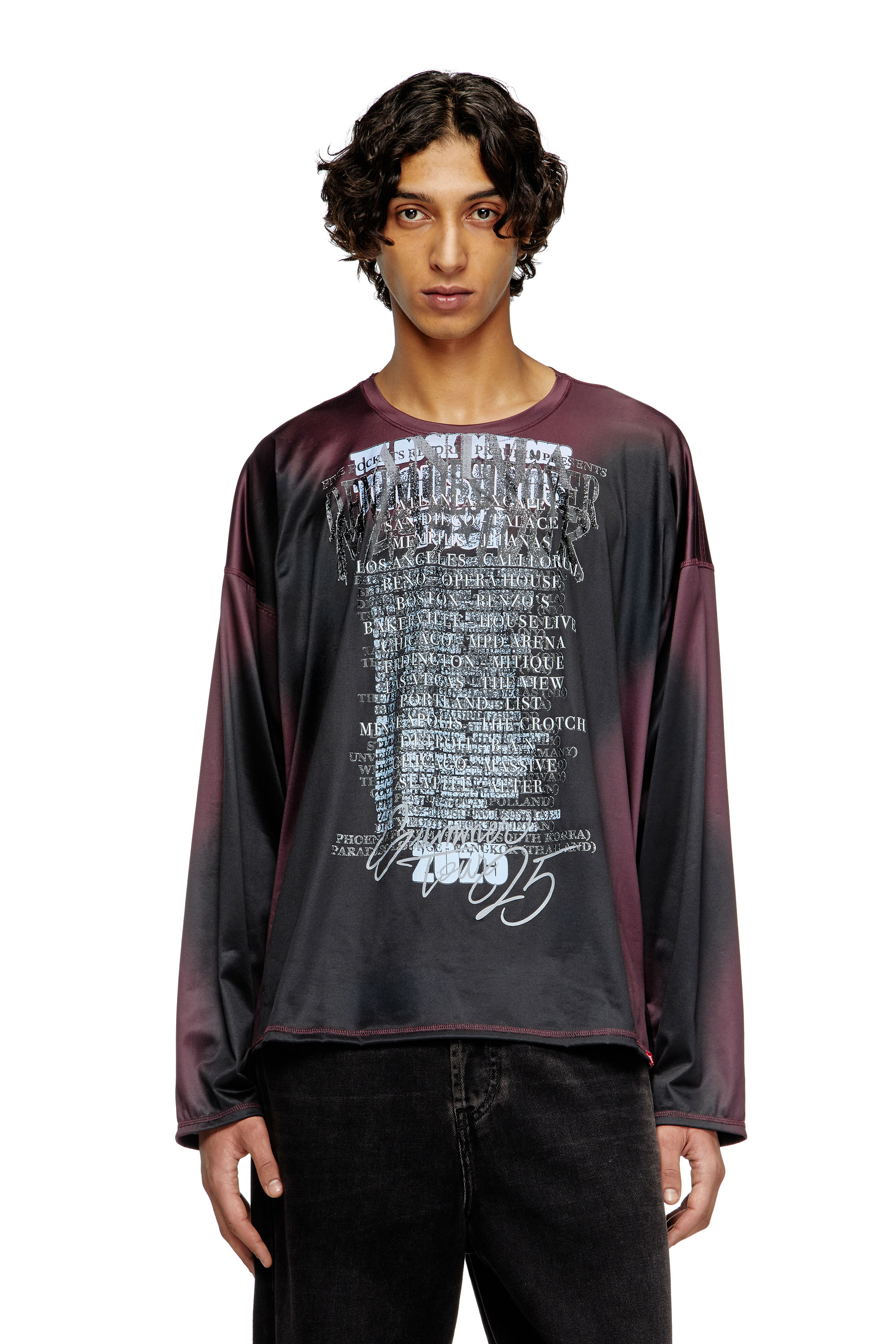 Diesel - T-OLAVI-AA, Unisex's Long-sleeve tech-jersey T-shirt with lyrics print in Black/Violet - 3
