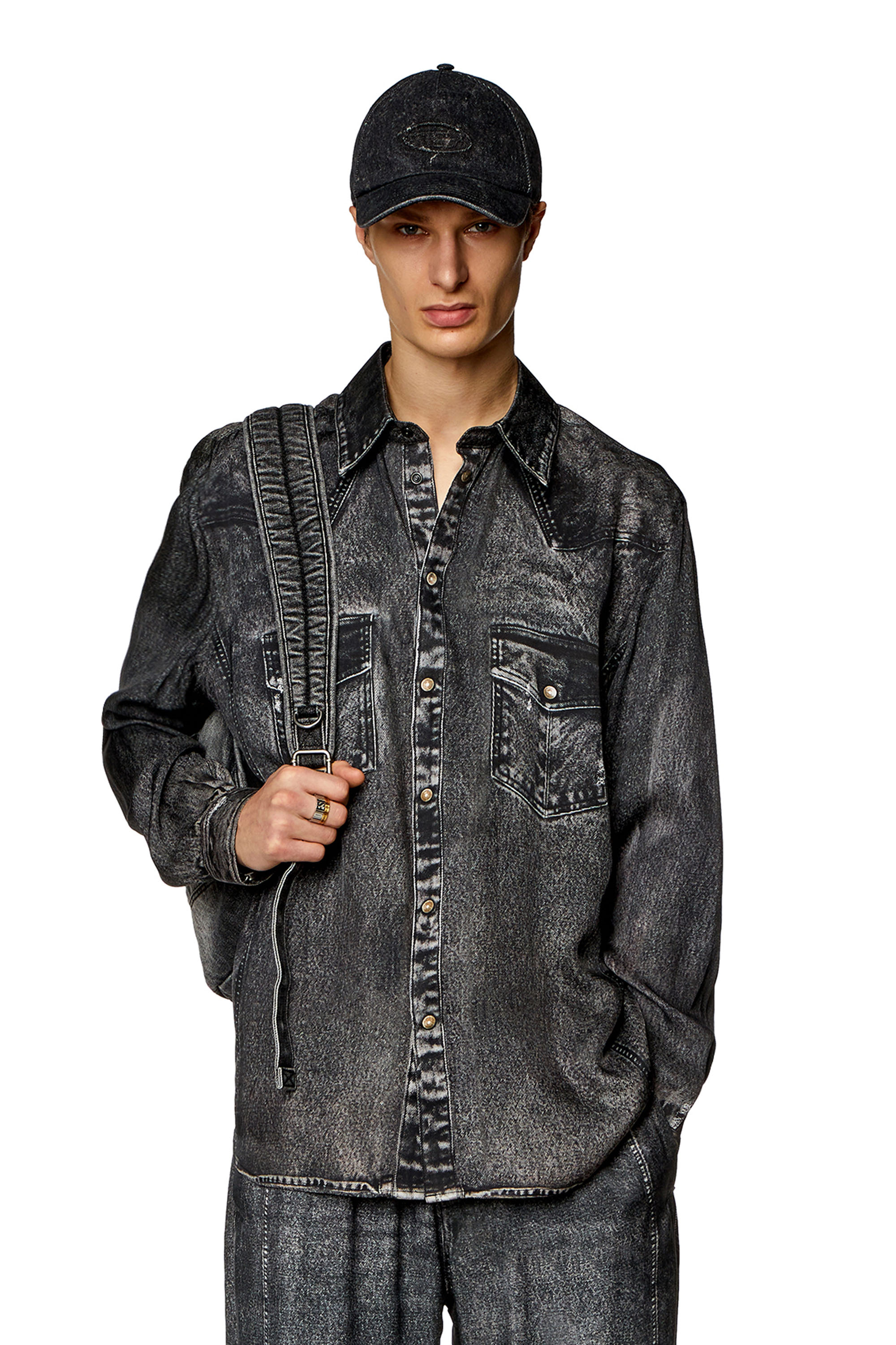 Diesel - S-ALSTON, Man Fluid shirt with denim print in Black - Image 1