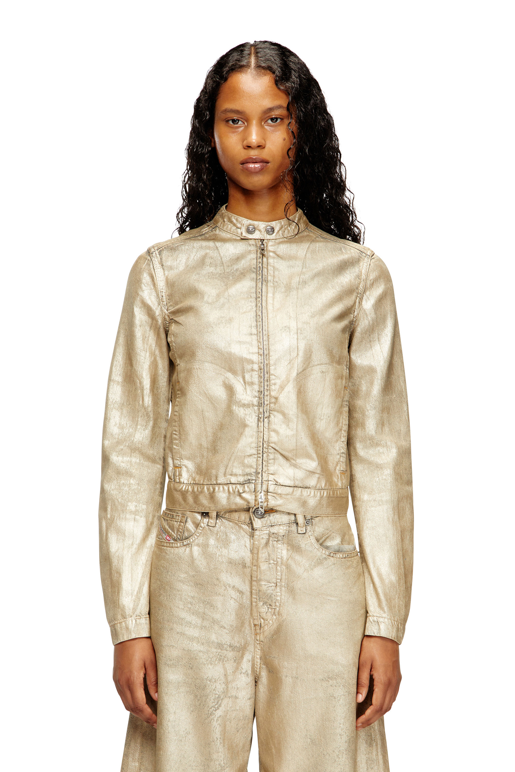 Diesel - DE-MORNIN-KG, Woman's Moto jacket in distressed metallic denim in Gold - 2