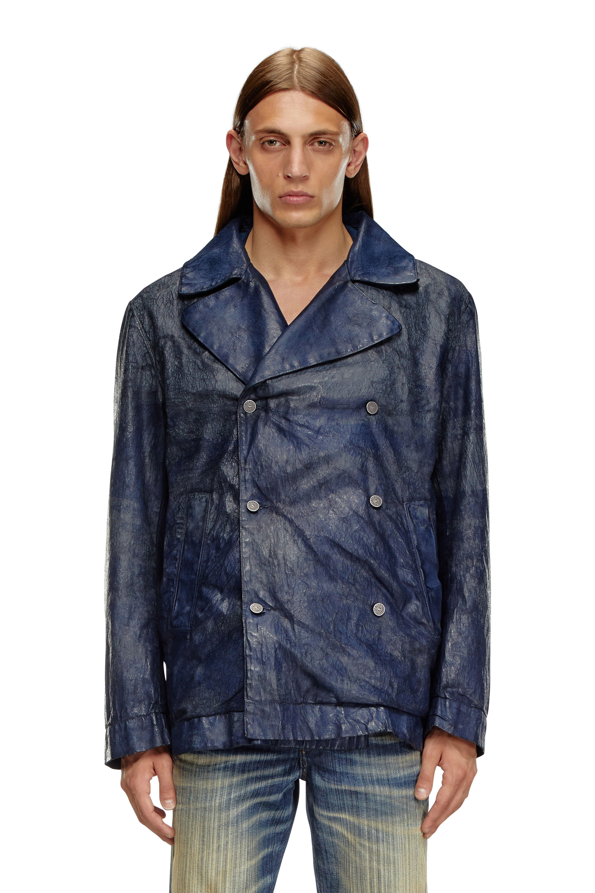 Diesel - D-BONDED-S, Man's Double-breasted jacket in coated denim in Dark Blue - 1