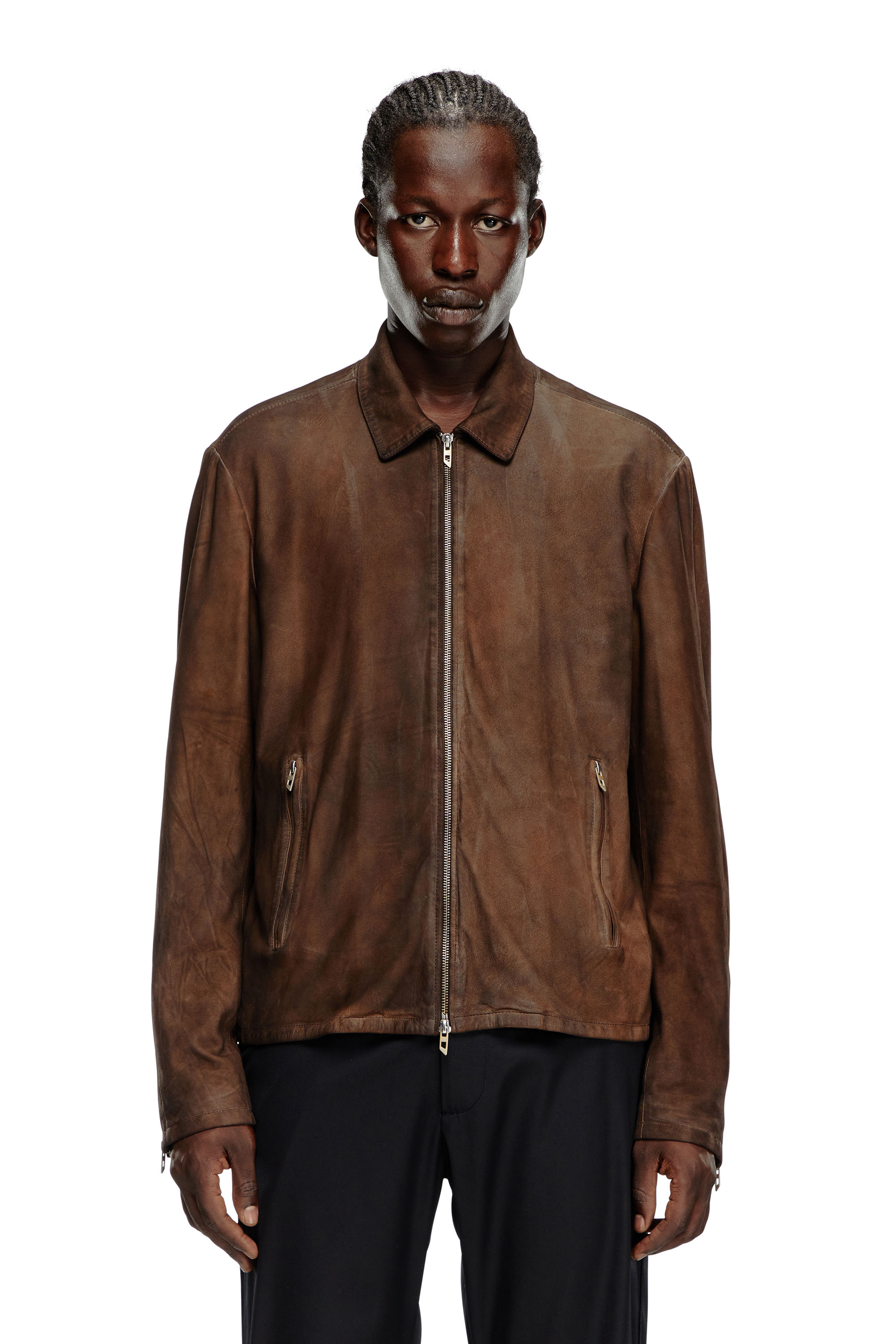 Diesel - L-CROMBE, Man Blouson jacket in treated leather in Brown - Image 6