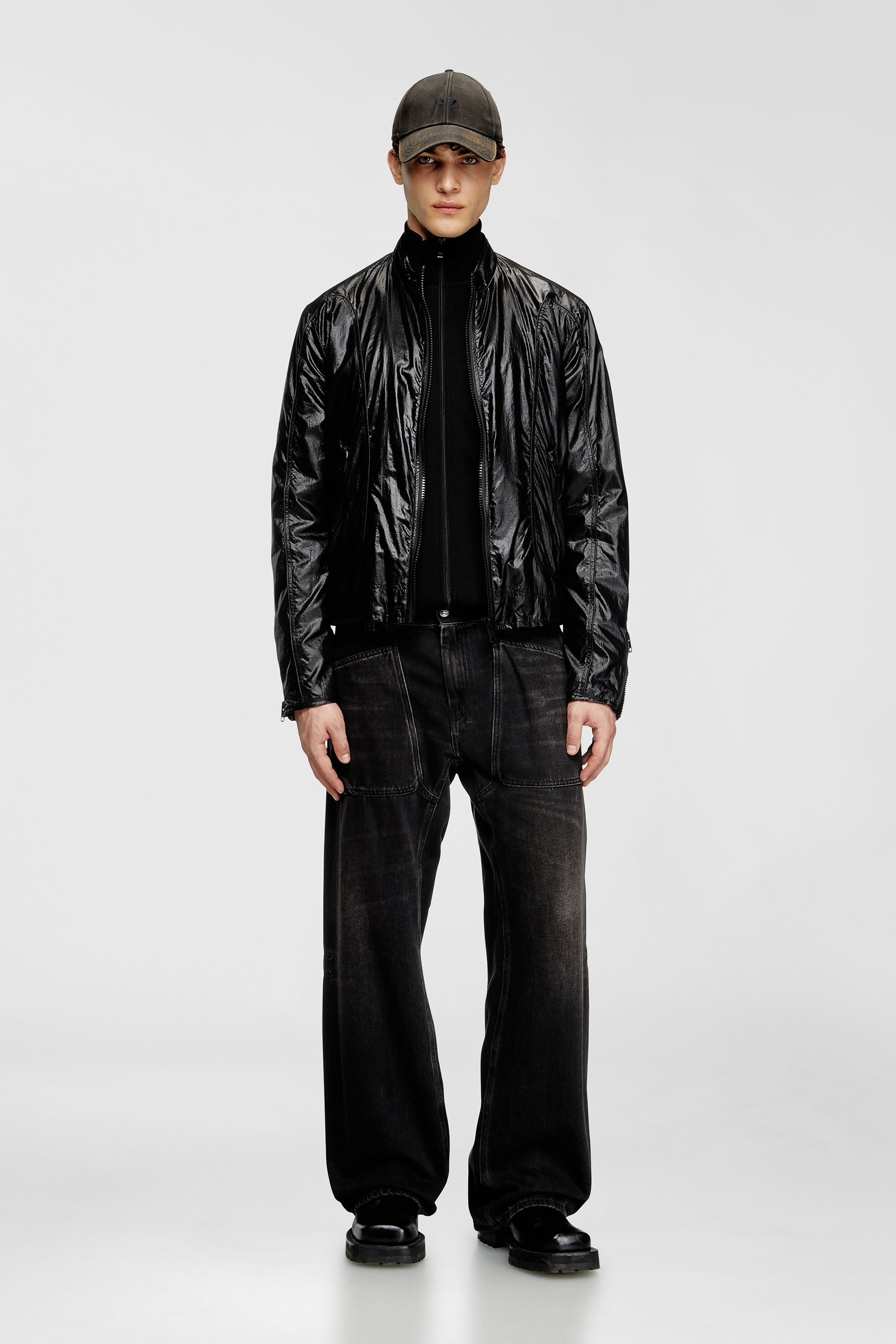 Diesel - J-CLAYS, Man's Biker jacket in shiny ripstop in Black - 1