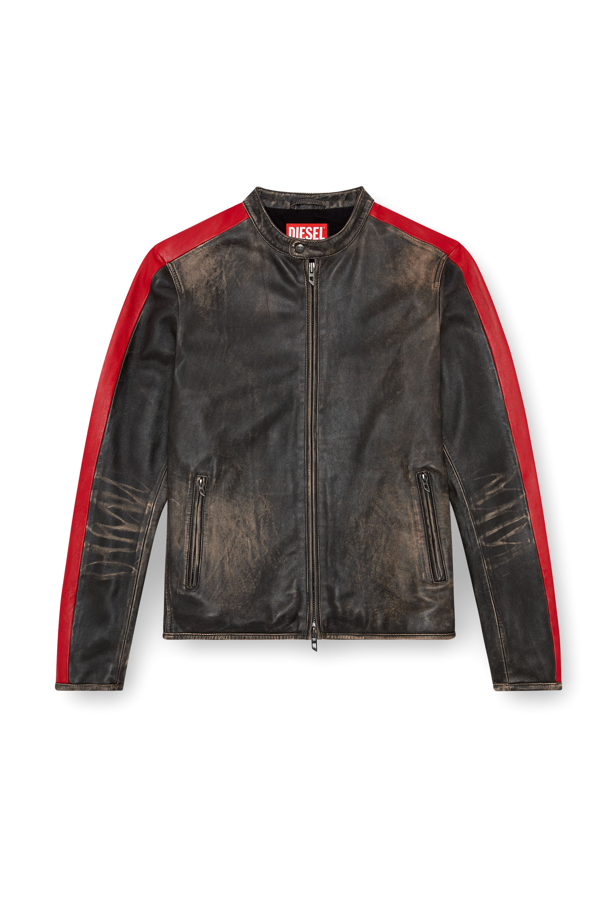 Diesel - L-RENN, Man's Leather jacket with contrasting stripes in Black/Red - 3