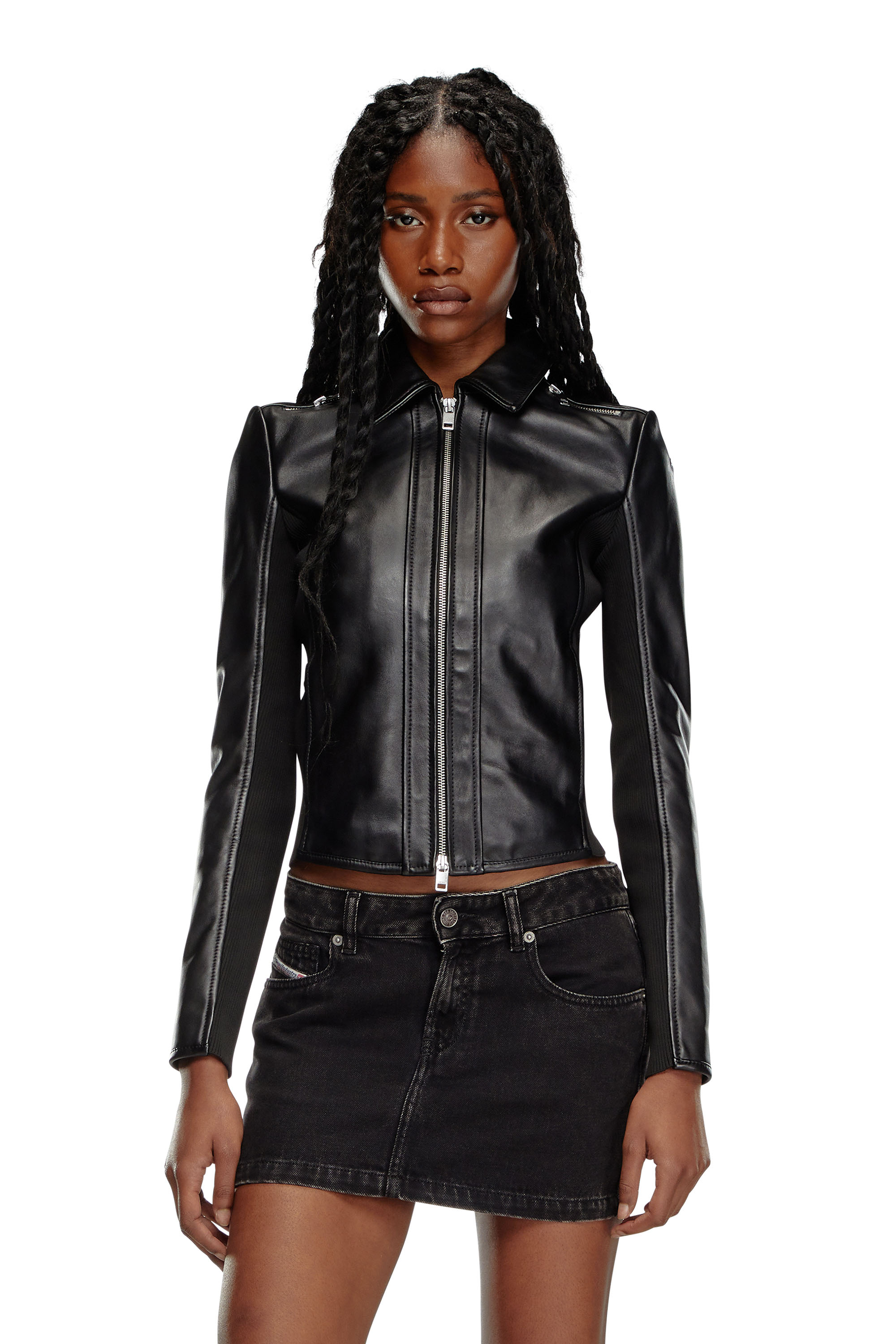 Diesel - L-SASK, Woman's Leather biker jacket with rib panels in Black - 1