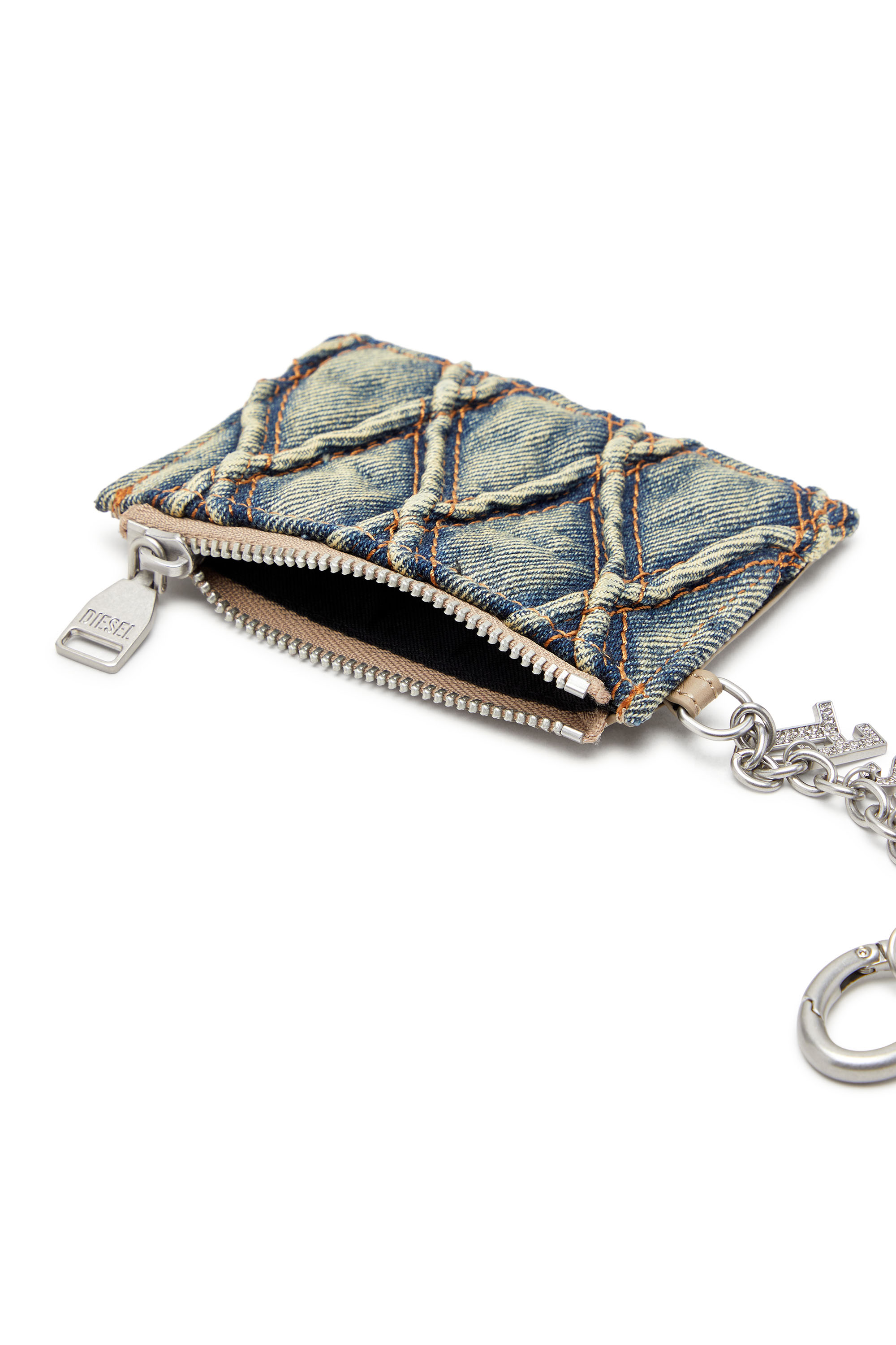 Diesel - CARD HOLDER WITH CHAIN, Woman's Card holder in argyle quilted denim in Blue - 3