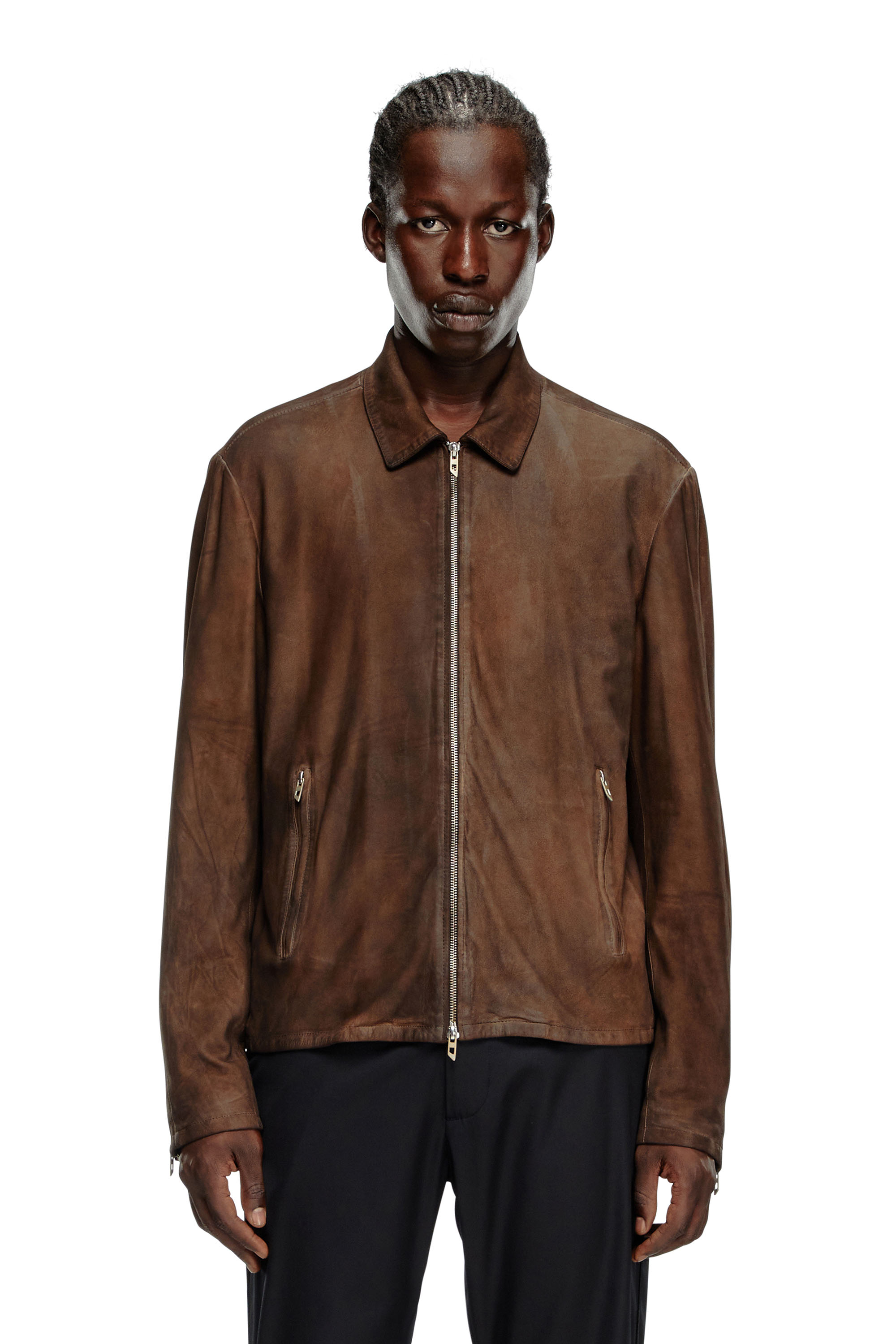 Diesel - L-CROMBE, Man Blouson jacket in treated leather in Brown - Image 1