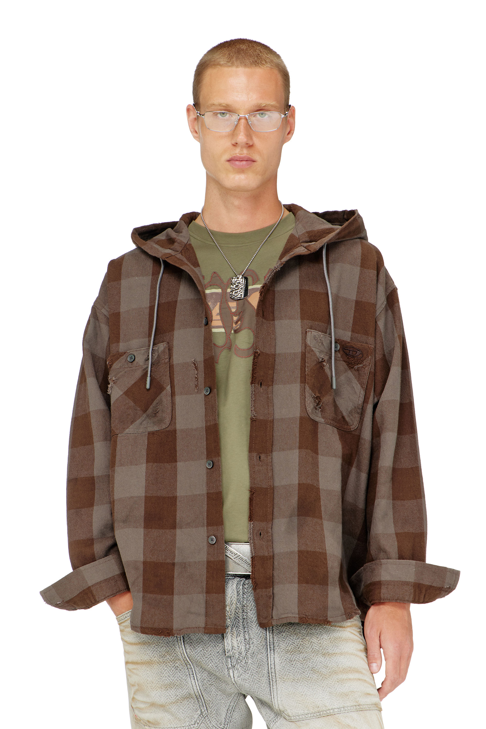 Diesel - S-DRUM-HOODY, Man's Distressed hooded shirt in check flannel in Brown/Grey - 1