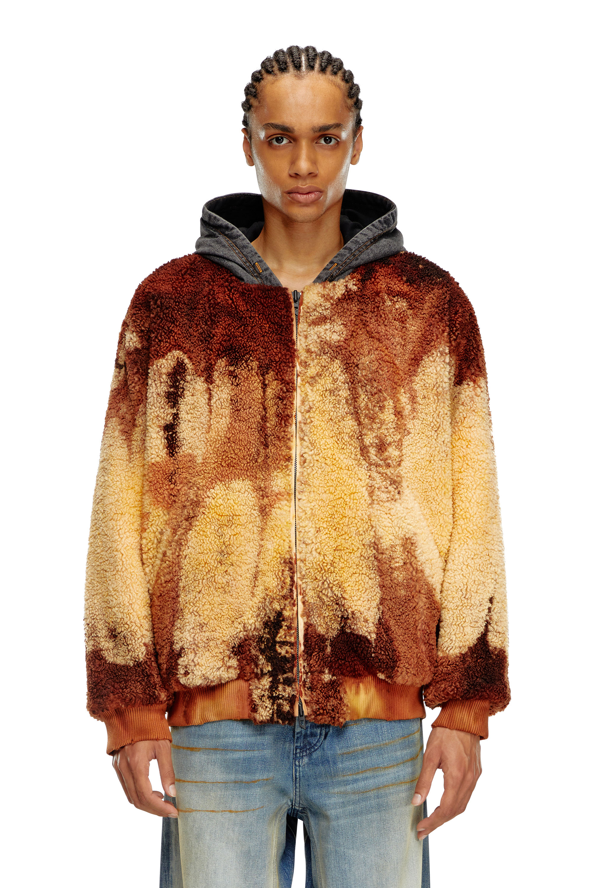 Diesel - S-DEPLA, Man's Tie-dyed teddy jacket with denim hood in Brown/Yellow - 6