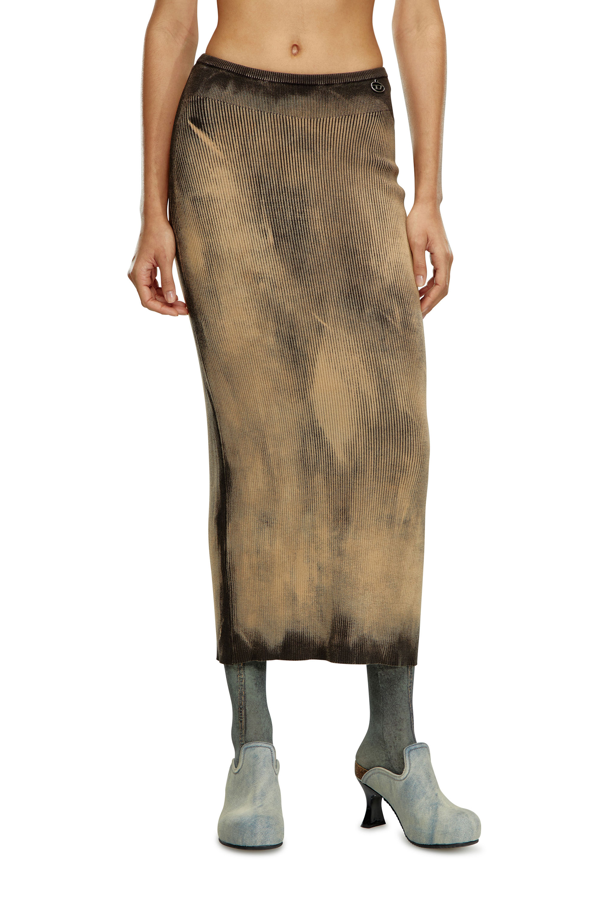 Diesel - M-DELMA, Woman Midi skirt in treated ribbed knit in Brown - Image 1