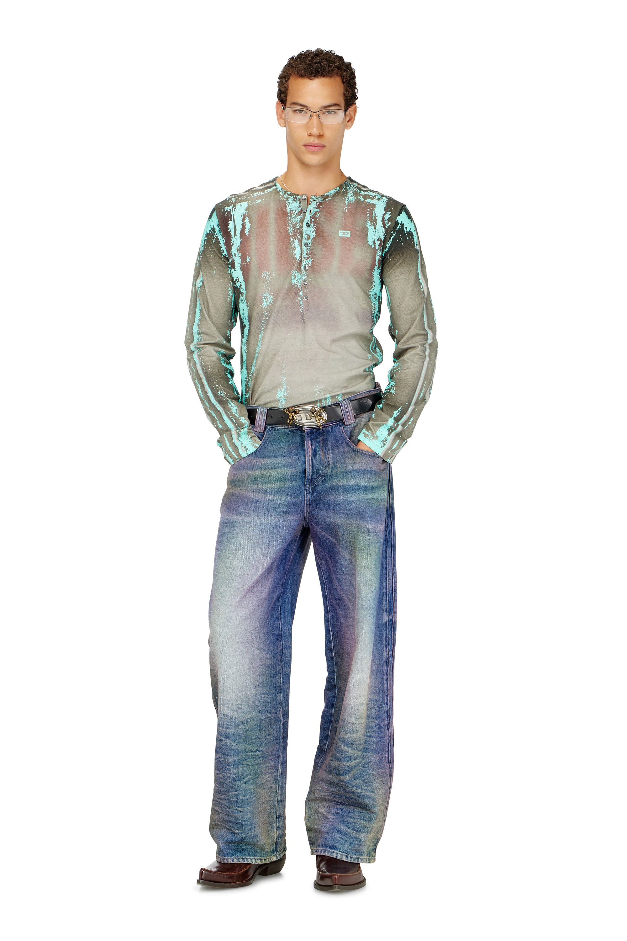 Diesel - T-FYNO-ML, Man's Grandad T-shirt in cracked leather-effect jersey in null - 2