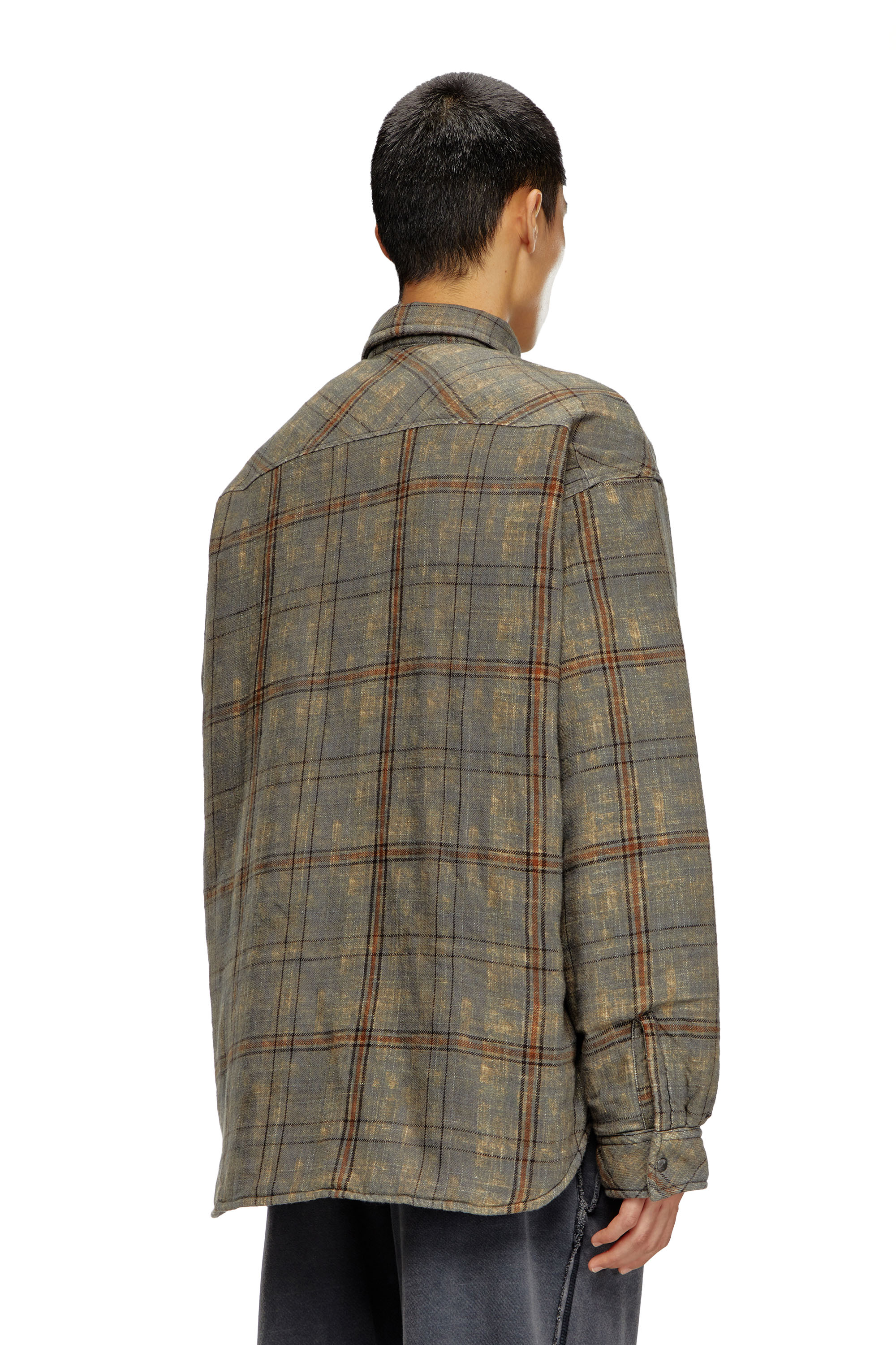 Diesel - S-HAMME, Man's Padded jacket in checked slub cotton in Green/Brown - 4