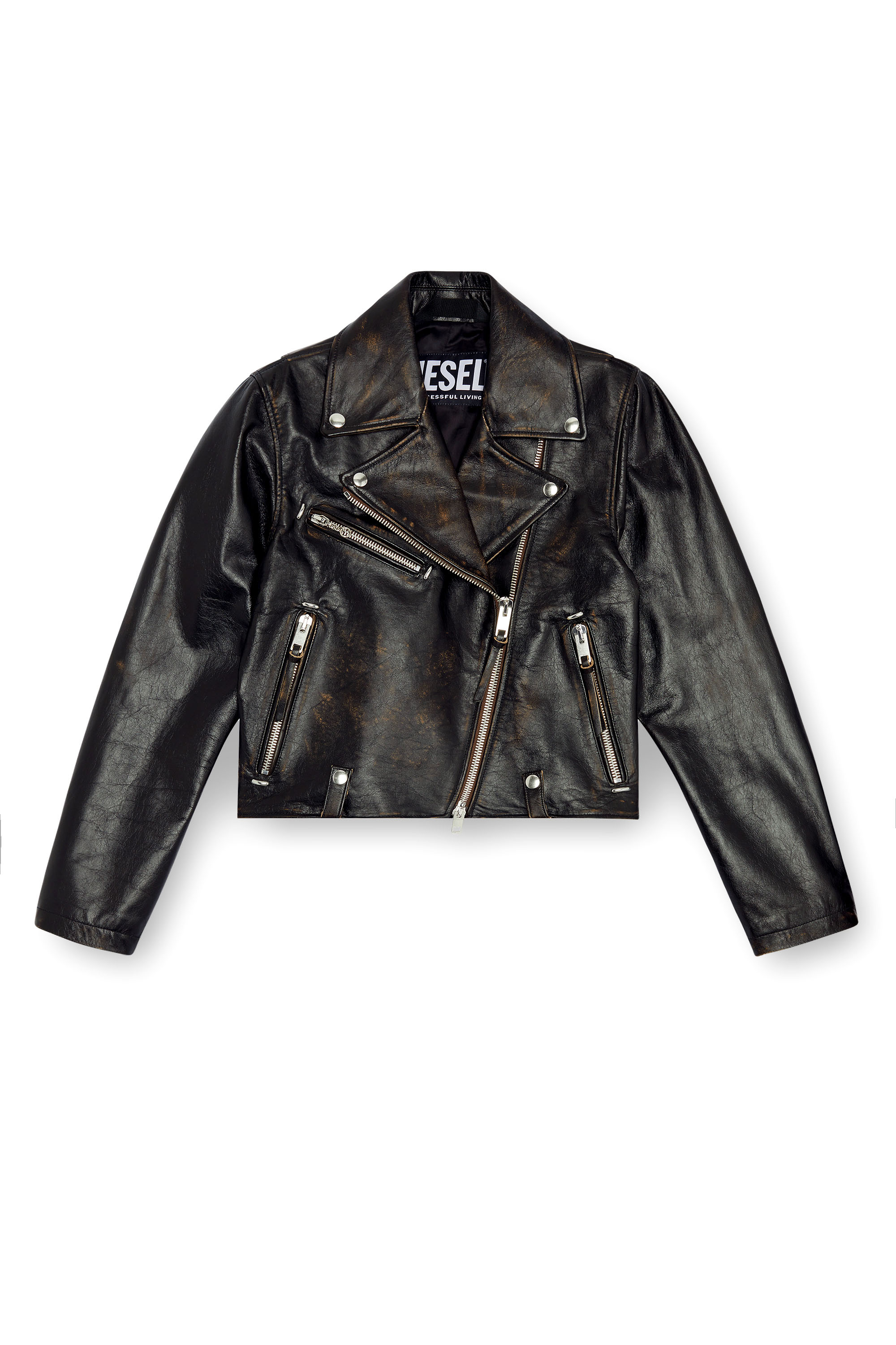 Diesel - L-EDMEA-CL, Woman's Biker jacket in treated leather in Black - 5