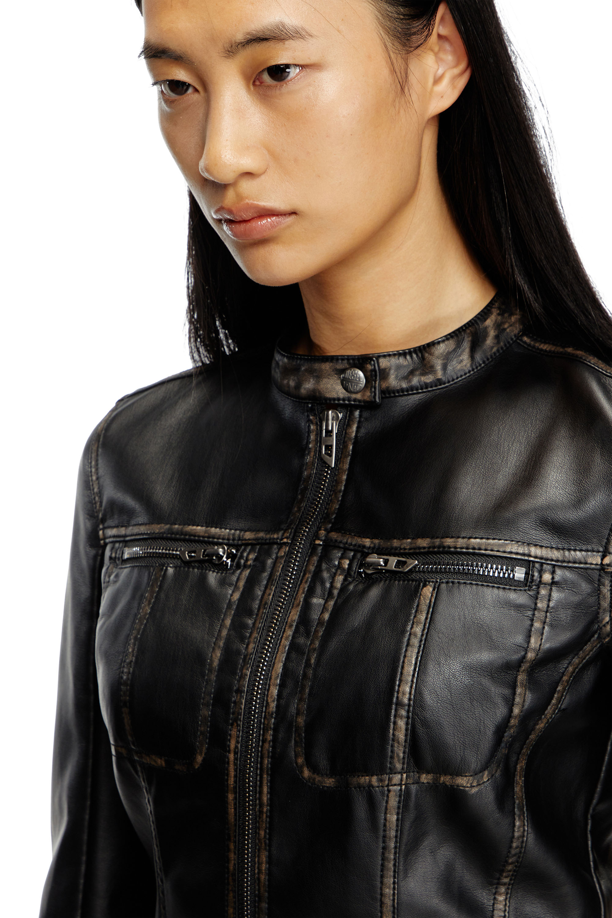 G-LOBE, Black Diesel - G-LOBE, Woman's Cropped distressed biker jacket in Black - 5