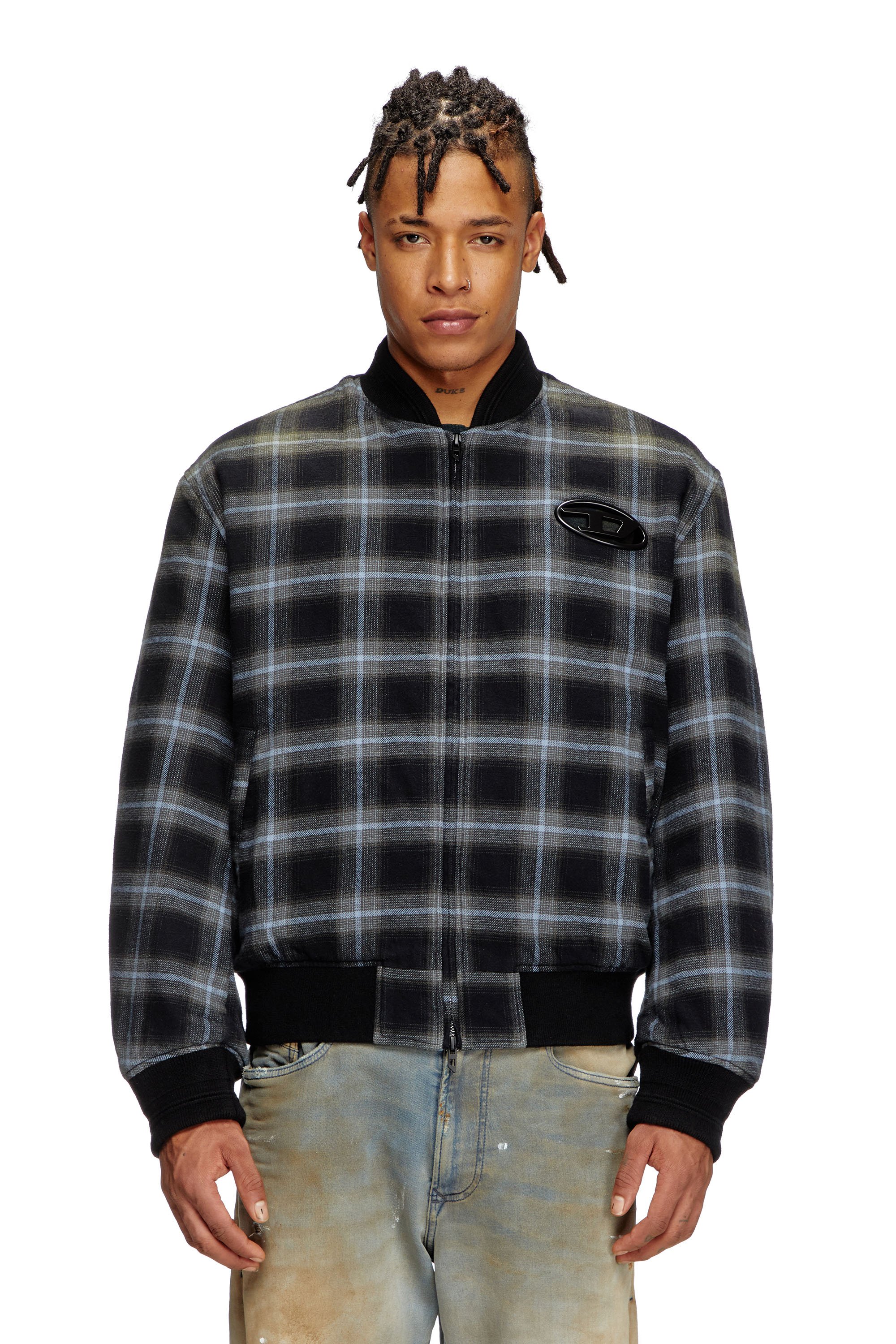 Diesel - J-SAINT, Man's Padded bomber jacket in check flannel in Black/Blue - 1