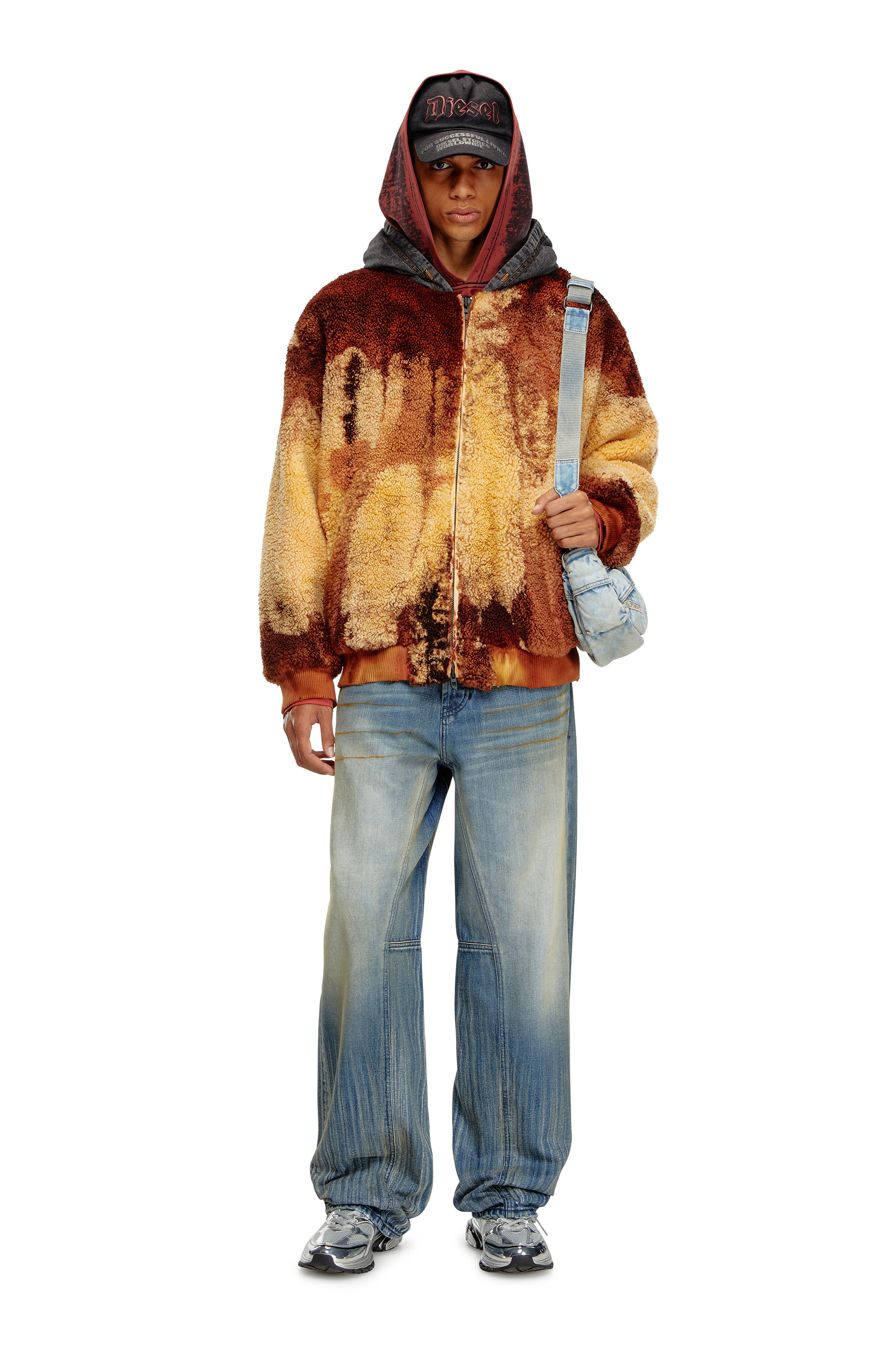 Diesel - S-DEPLA, Man's Tie-dyed teddy jacket with denim hood in Brown/Yellow - 2