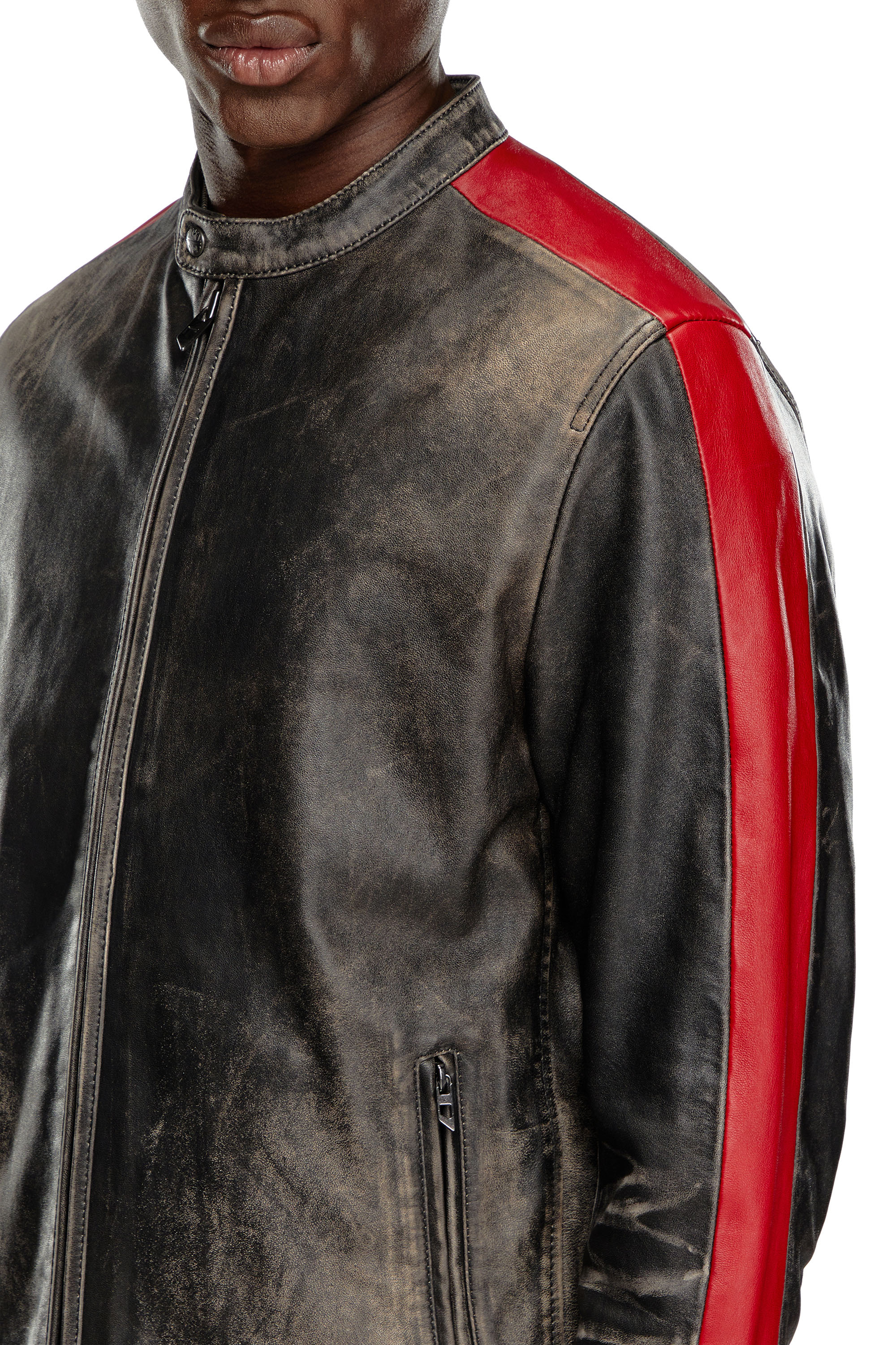 Diesel - L-RENN, Man's Leather jacket with contrasting stripes in Black/Red - 5