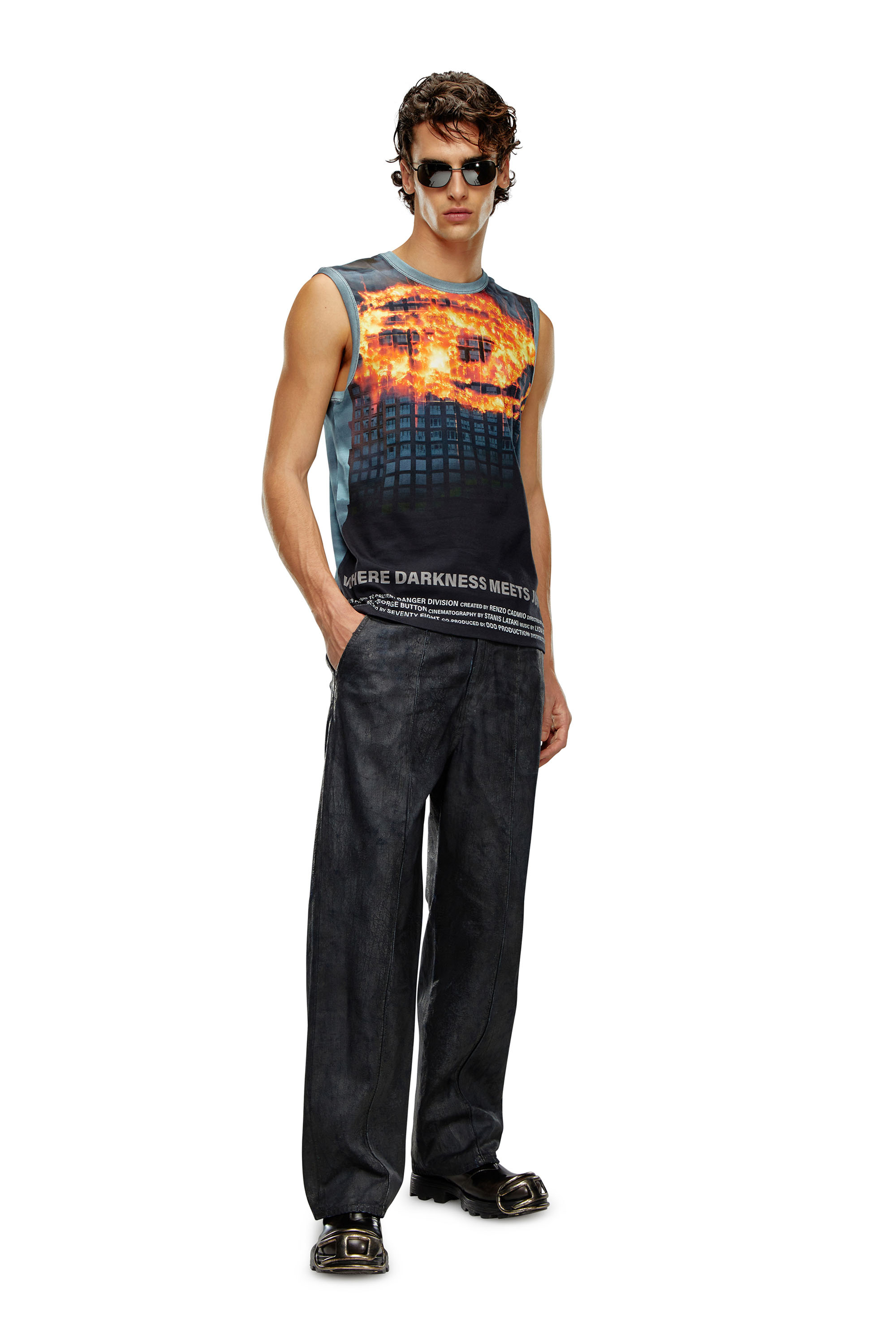 Diesel - T-BISCOUP, Man Tank top with burning Oval D poster in Blue - Image 2