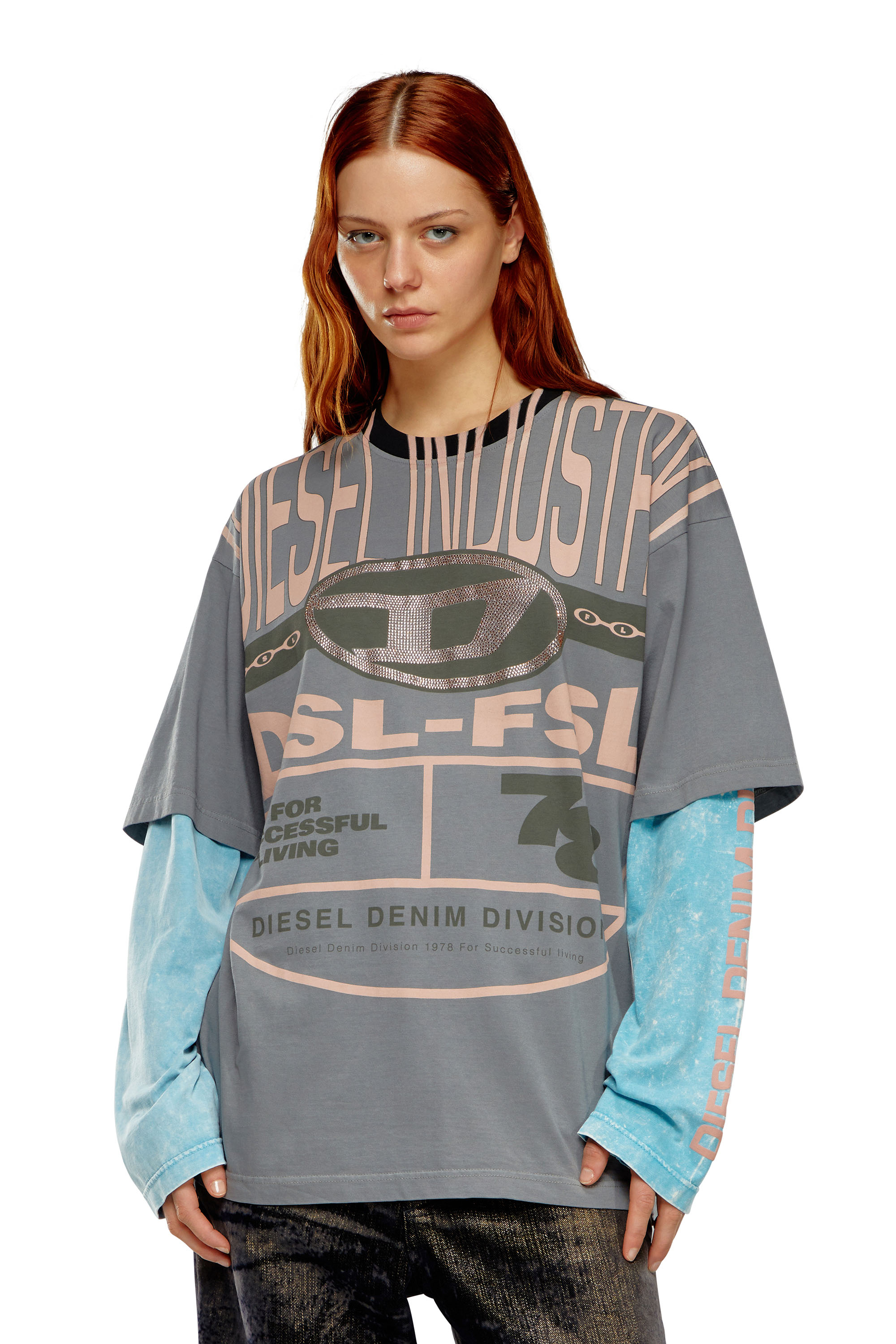 Diesel - T-BUXT-LS-N1, Woman Layered T-shirt with rhinestone Oval D in Multicolor - Image 1