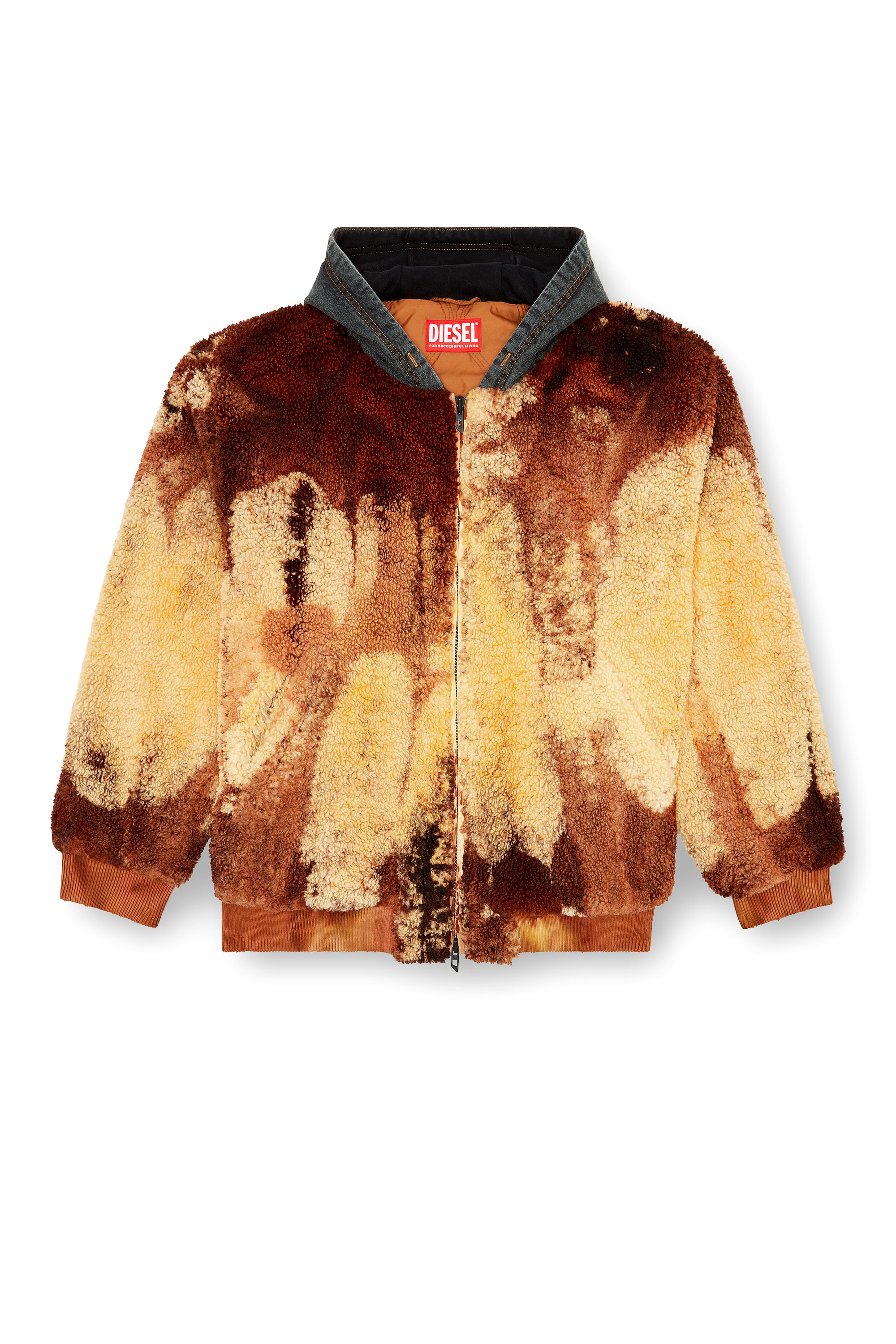 Diesel - S-DEPLA, Man's Tie-dyed teddy jacket with denim hood in Brown/Yellow - 3