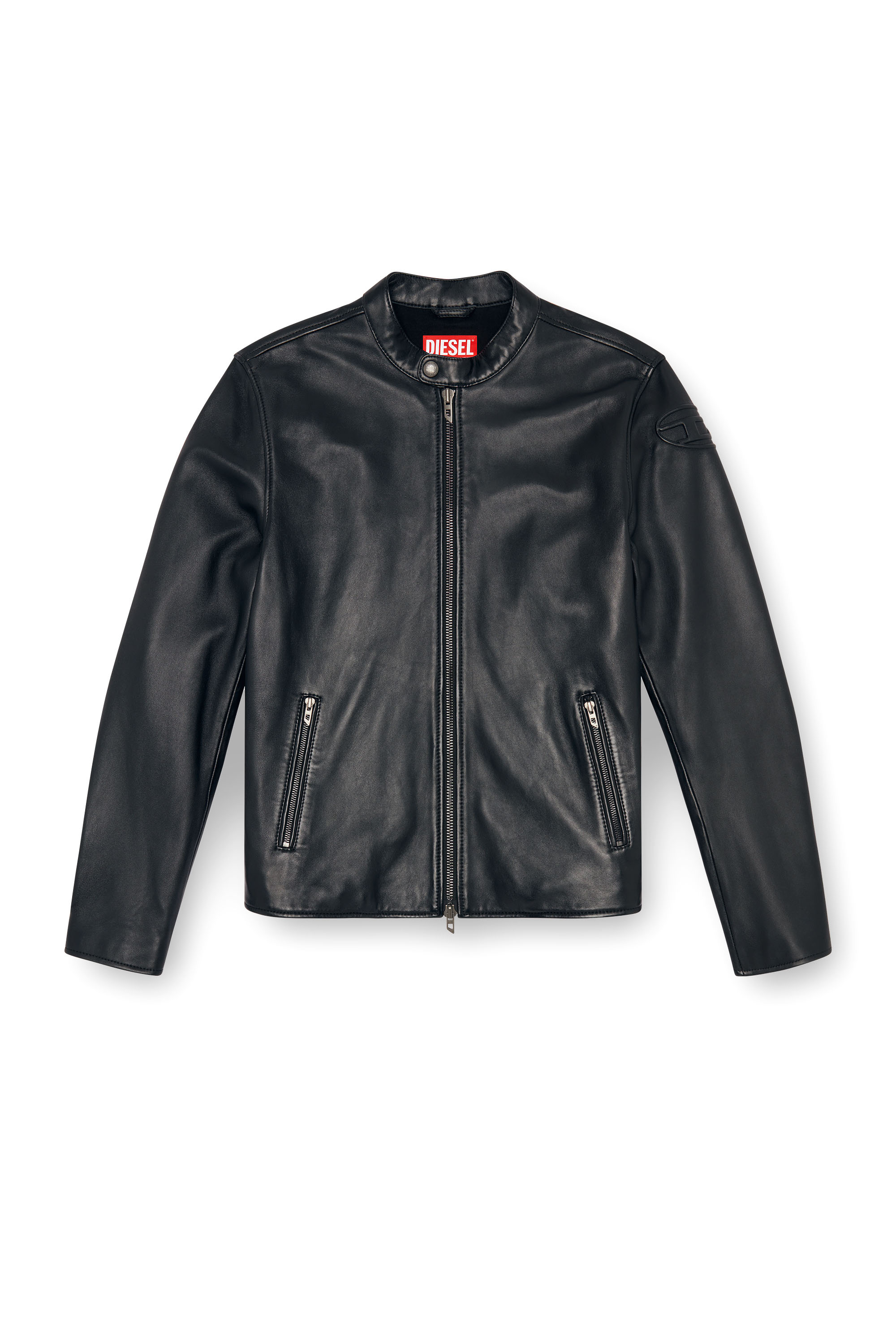 Diesel - L-CARVER, Man Leather biker jacket with embossed logo in Black - Image 3
