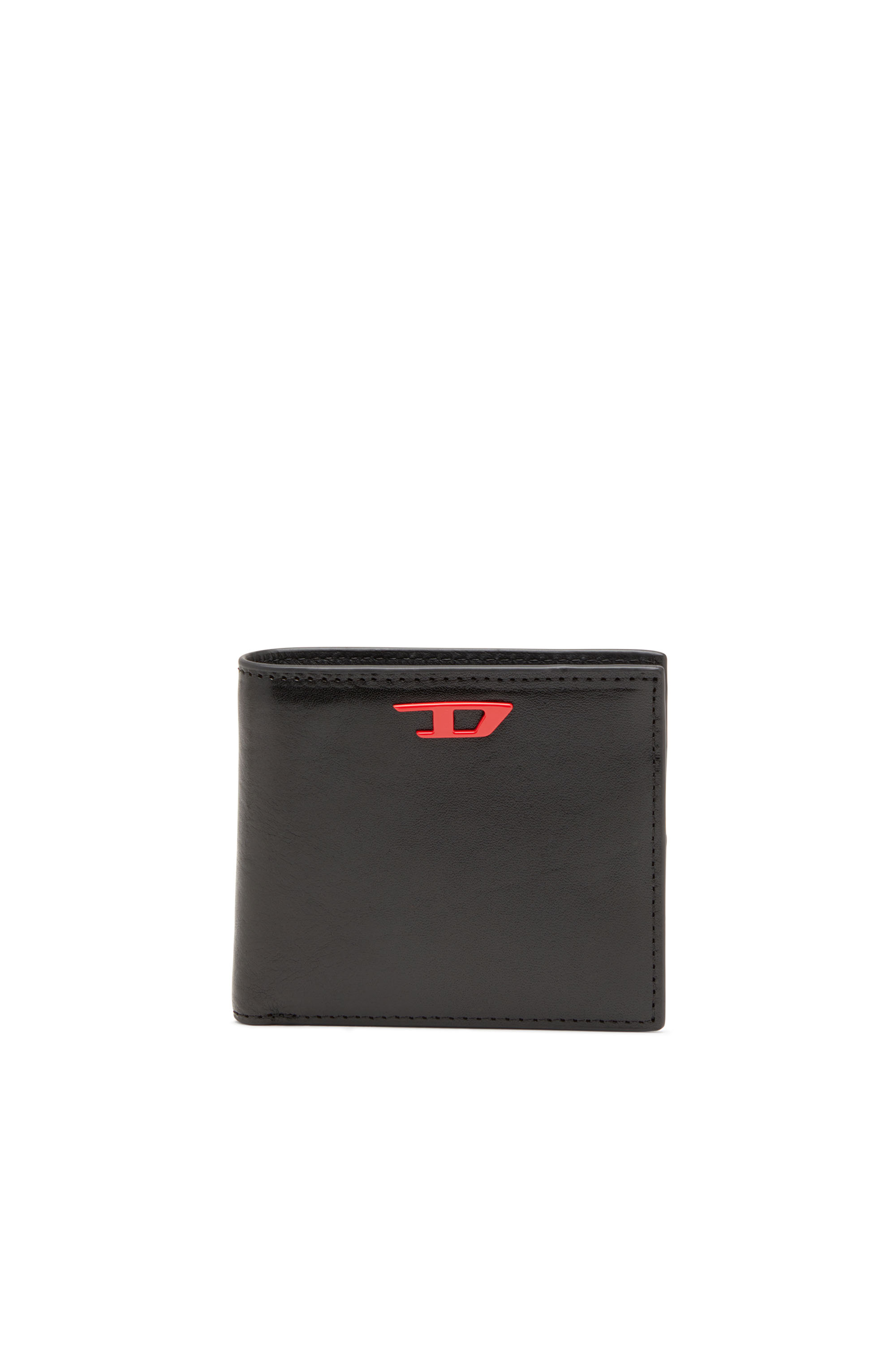 Diesel - RAVE BI-FOLD COIN S, Man Leather bi-fold wallet with red D plaque in Black - Image 1