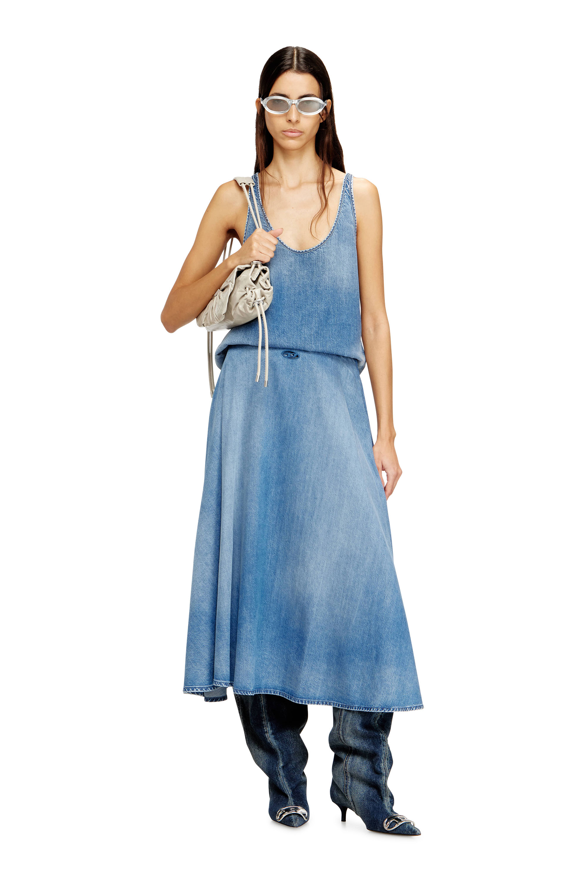 Diesel - DE-ANNIE-S3, Woman's Full skirt in fluid denim in Medium blue - 2