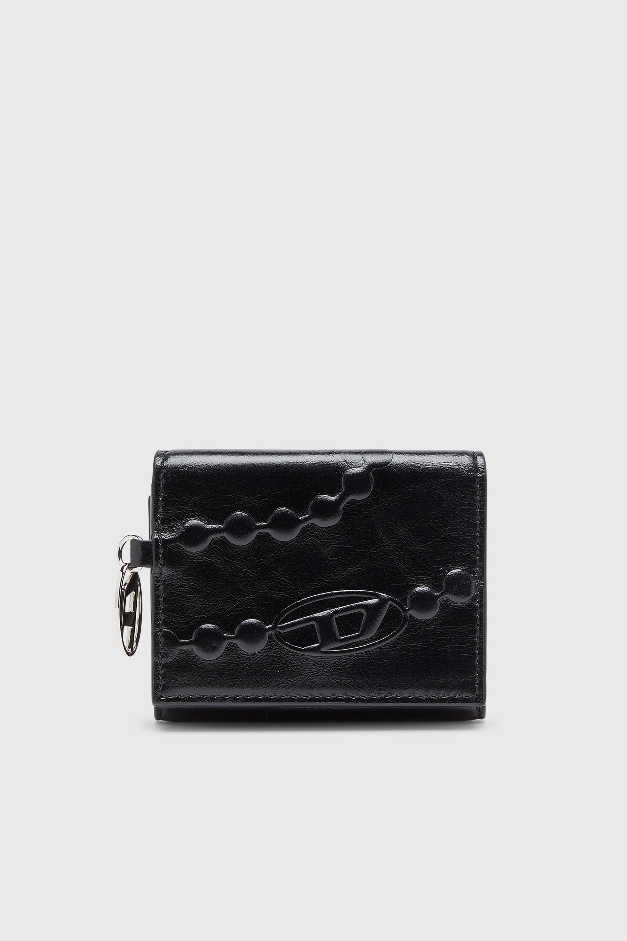 Diesel - OVAL-D TRI FOLD ZIP COIN XS II, Woman's Leather tri-fold wallet with embossed motif in Black - 1