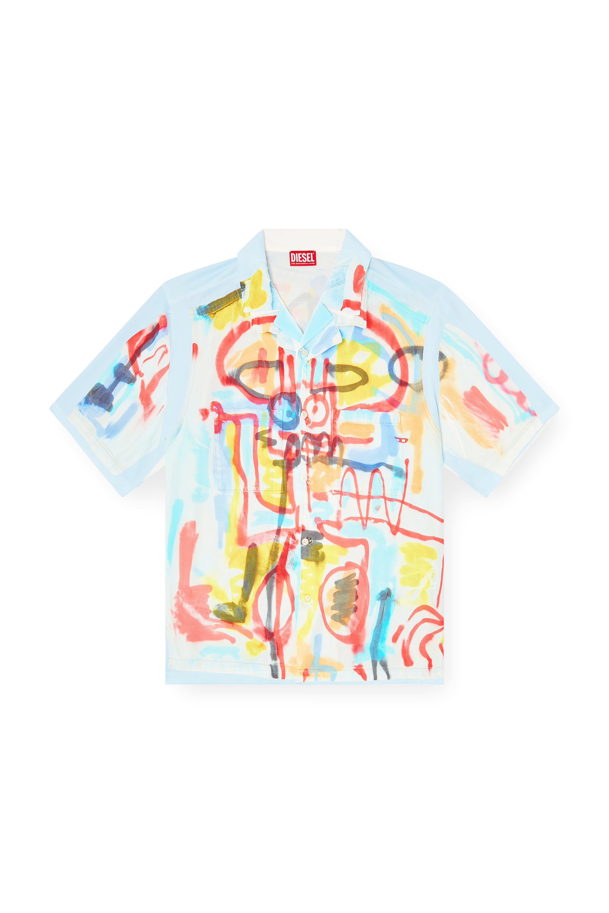 Diesel - C-PAROSHORT-GRAFFITI-AFR, Unisex's Satin bowling shirt with graffiti print in Light Blue - 3