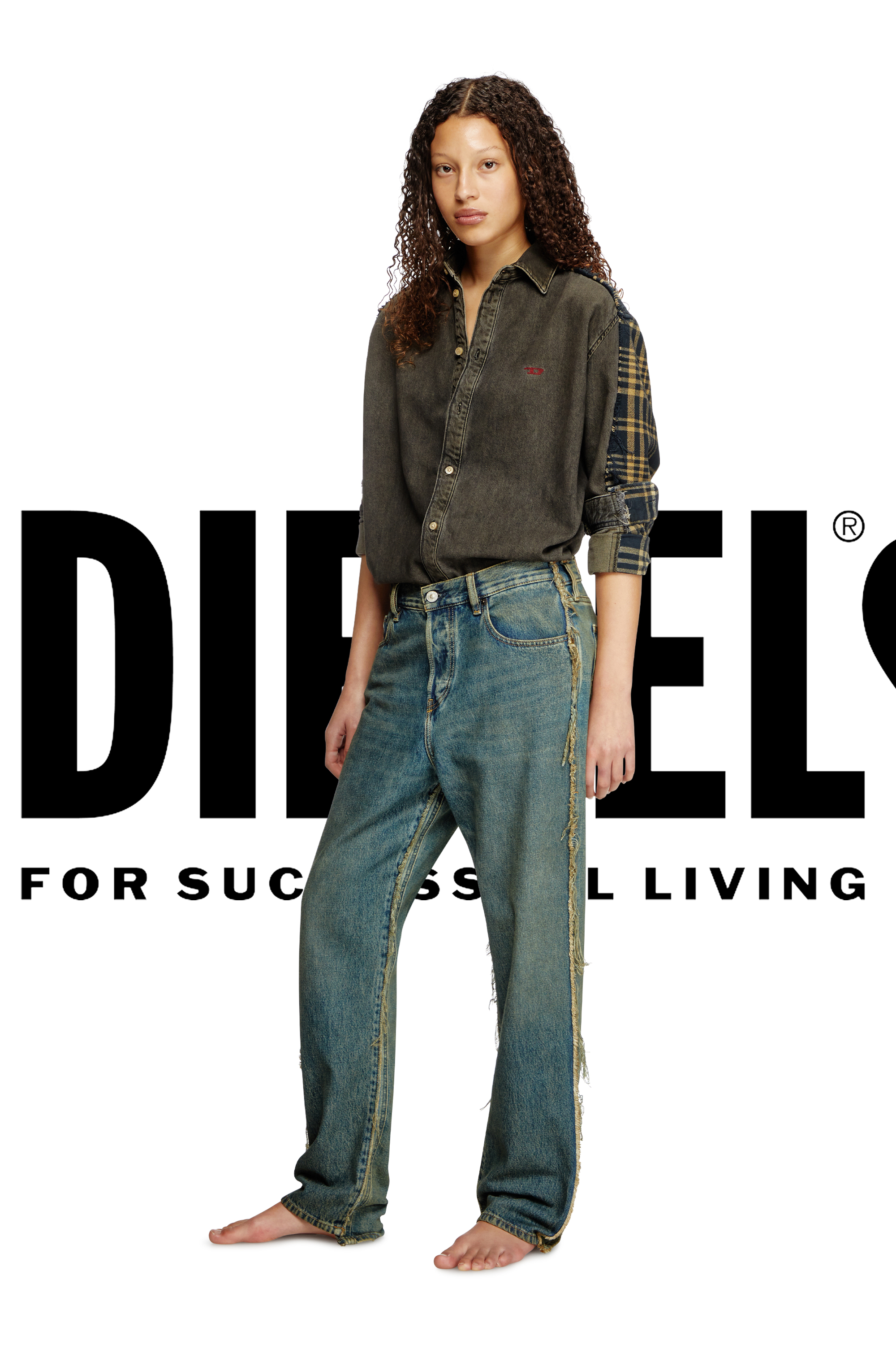 Diesel - Shirt Dieseloves 5A, Unisex's Overdyed denim and check and shirt in Black/Blue - 1