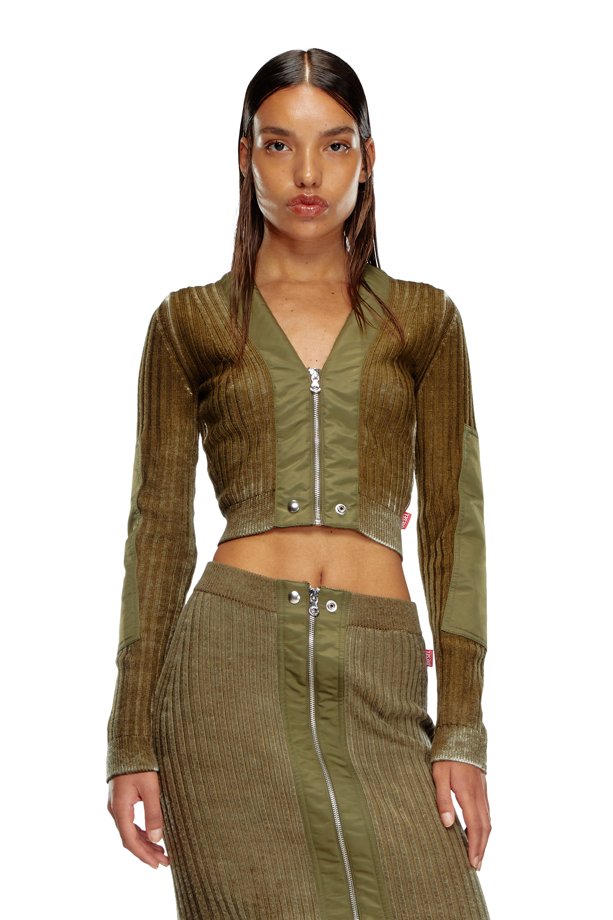 Diesel - M-ASERA, Woman's Cropped wool cardigan with nylon trims in Military Green - 1