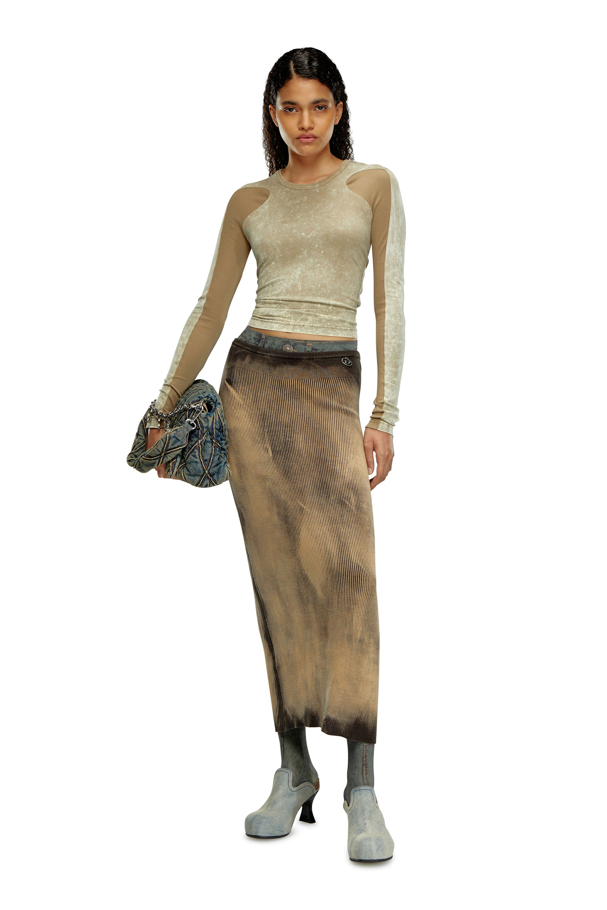 Diesel - M-DELMA, Woman Midi skirt in treated ribbed knit in Brown - Image 2