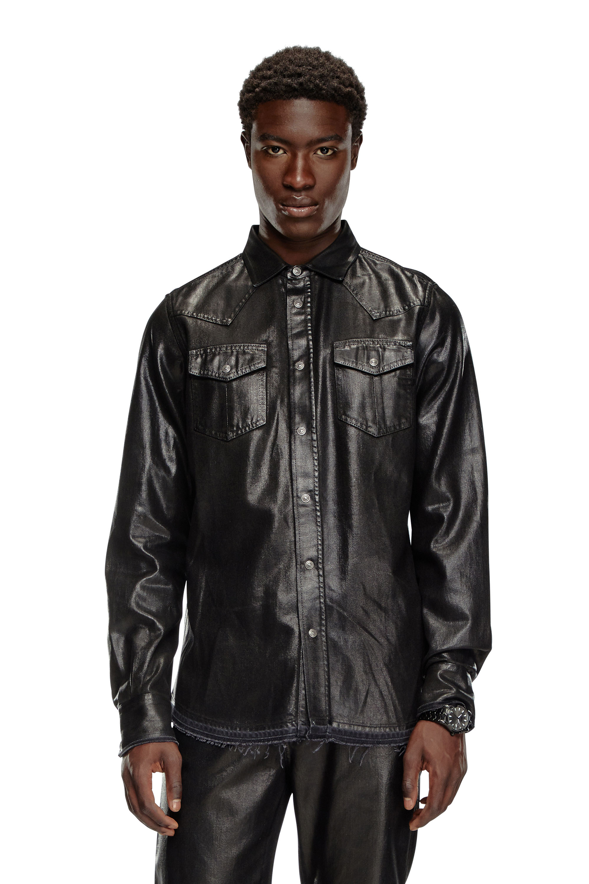 Diesel - D-VEGA, Man's Overshirt in coated tailoring denim in Black - 1