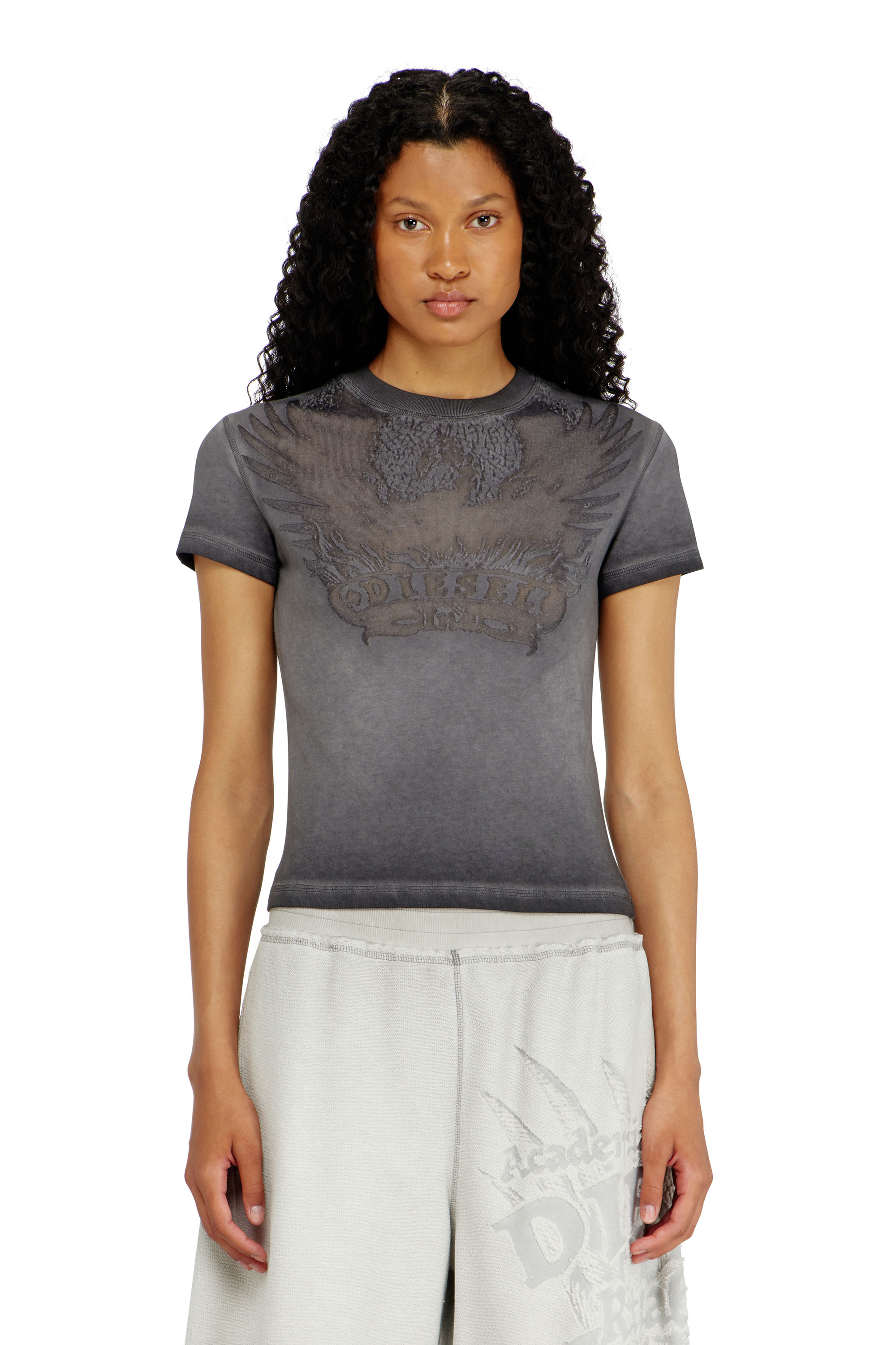 Diesel - T-ILA-AA7, Woman's Slim T-shirt with d&eacute;vor&eacute; Phoenix in Grey - 1