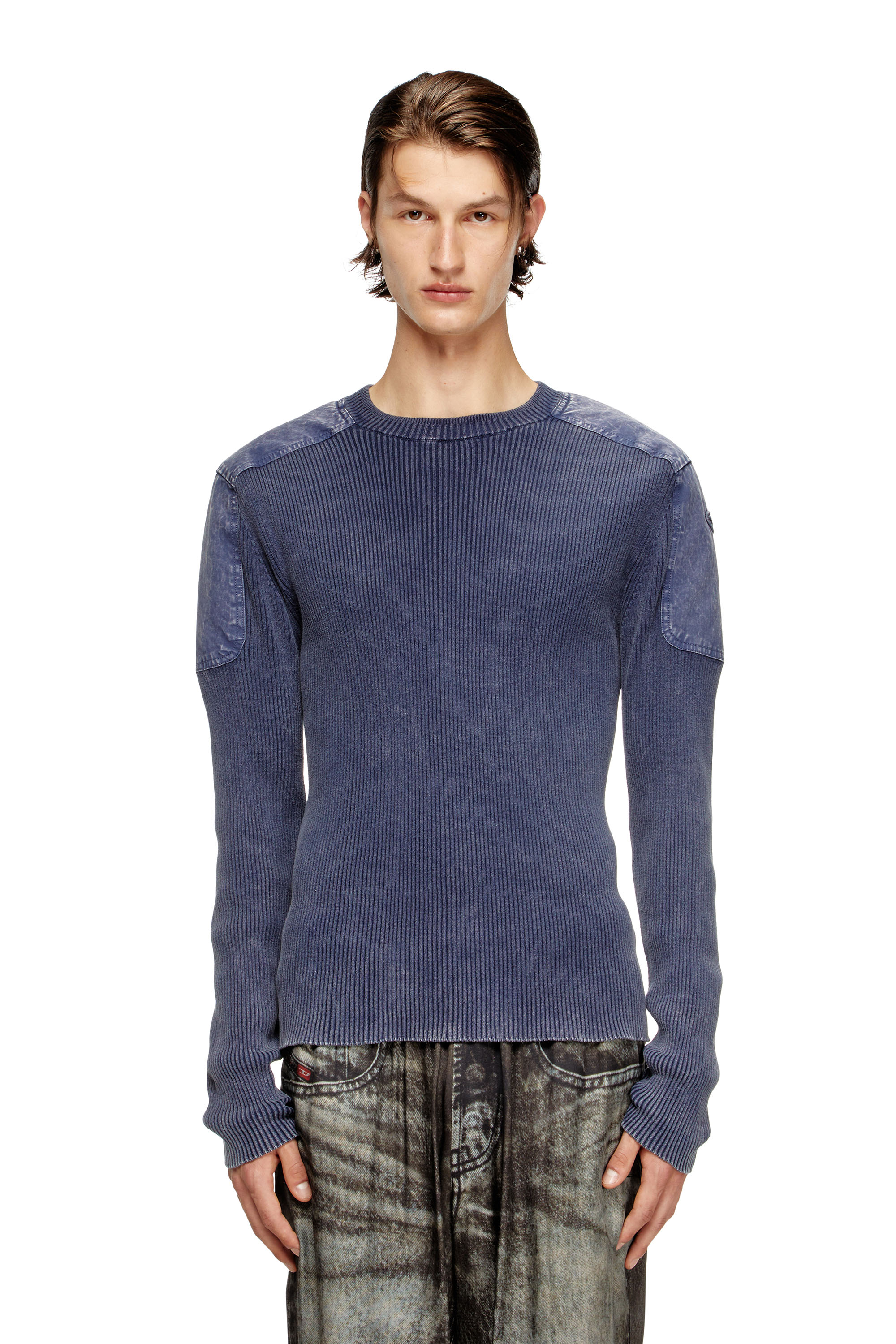 Diesel - K-MARTIN, Man's Jumper with contrast shoulder panels in Blue - 3