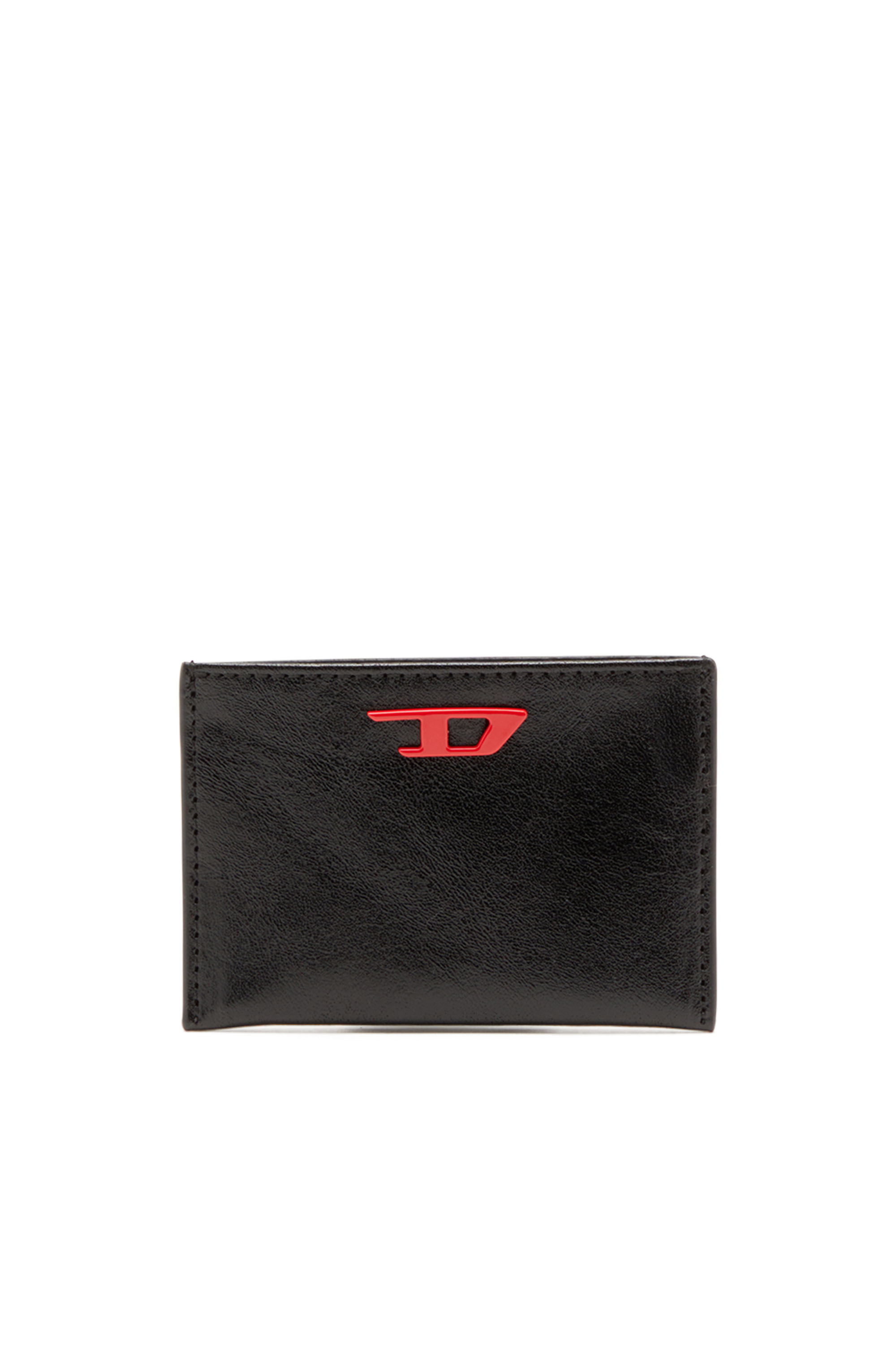 Diesel - RAVE CARD CASE, Man Leather card holder with red D plaque in Black - Image 1