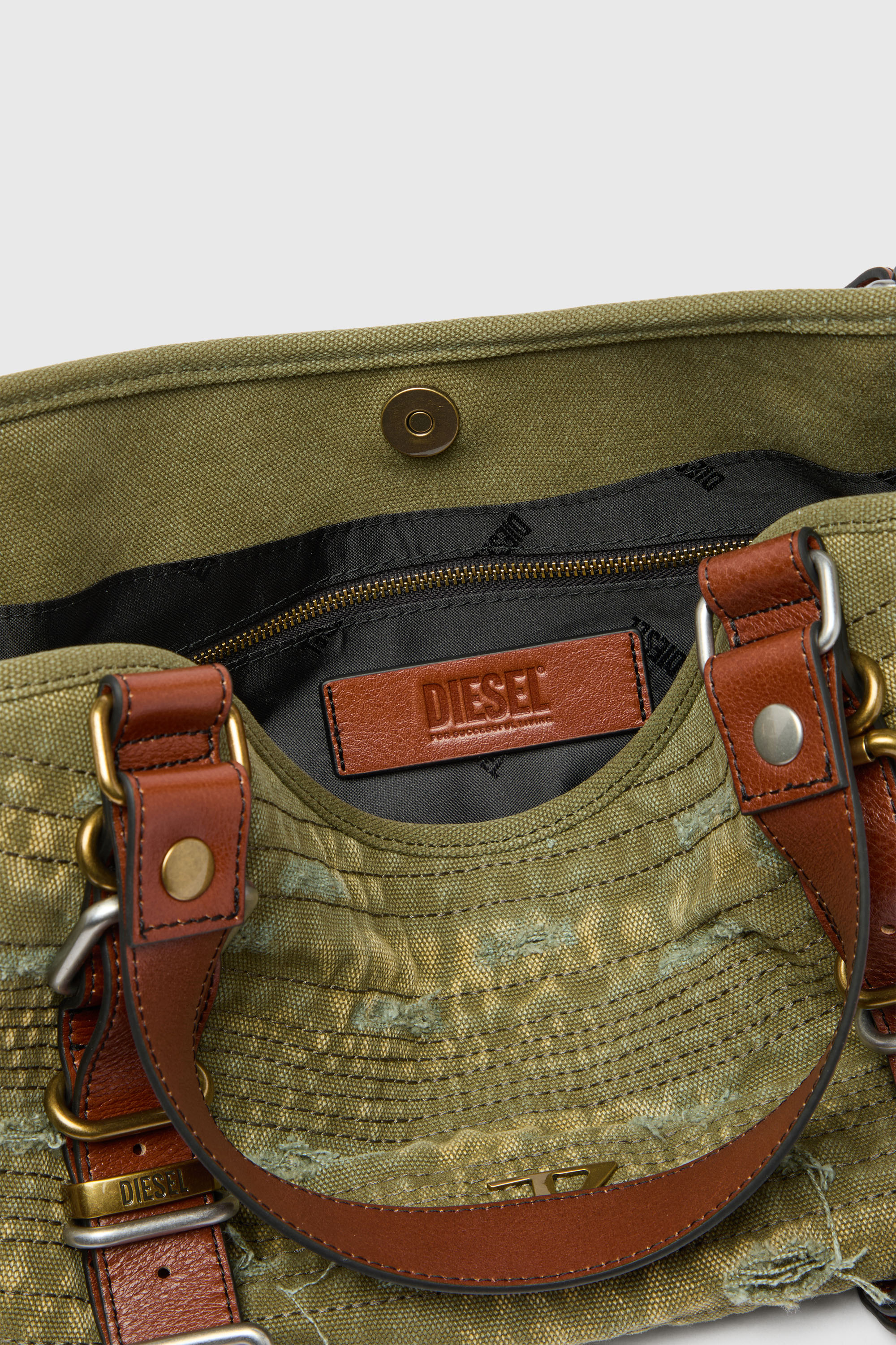 Diesel - D-ONE TOPHANDLE S, Woman's D-One-Small top-handle bag in distressed canvas and leather in Green - 6