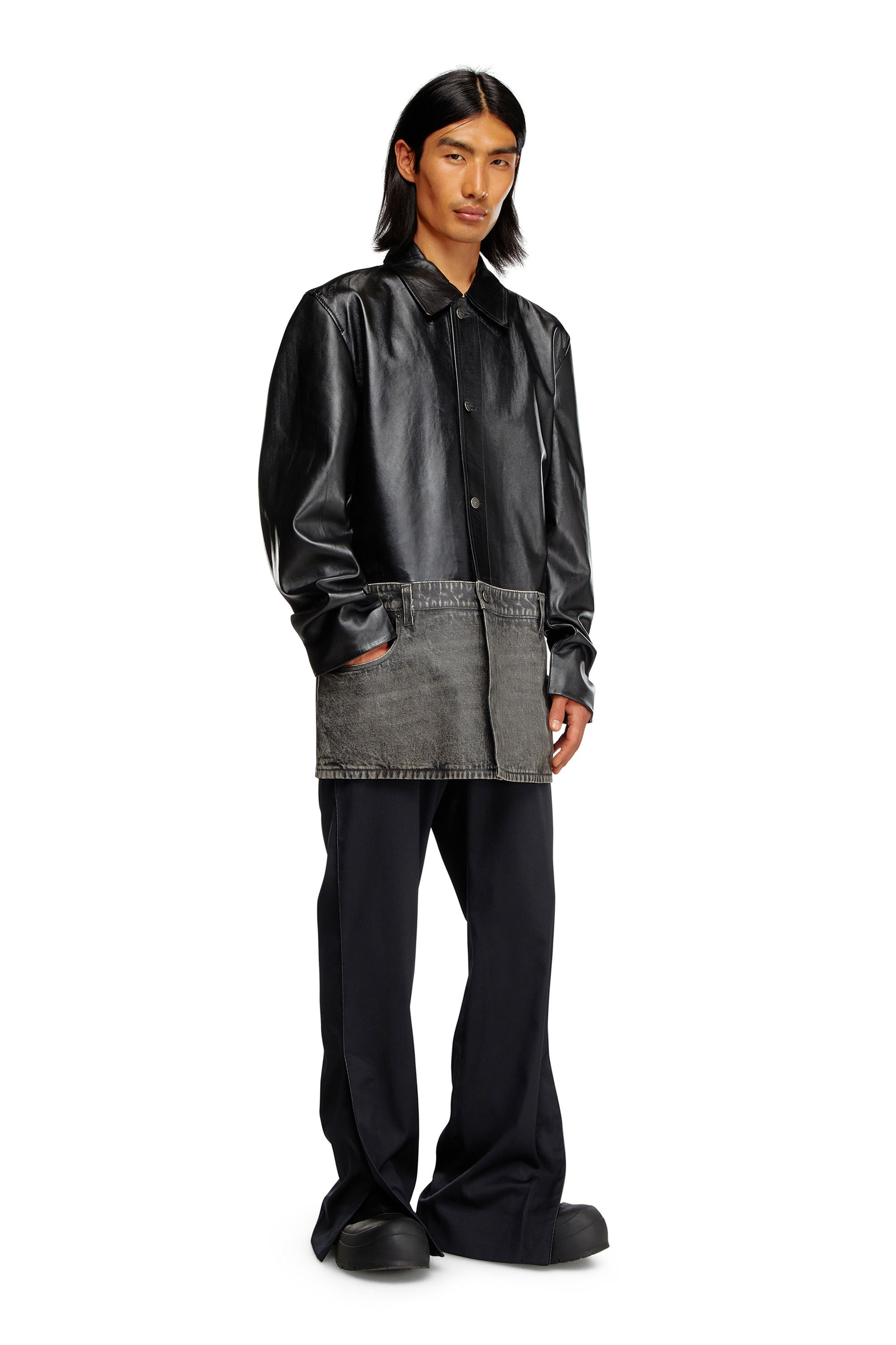 Diesel - L-BRETCH, Man Leather and denim shirt jacket in Black - Image 1